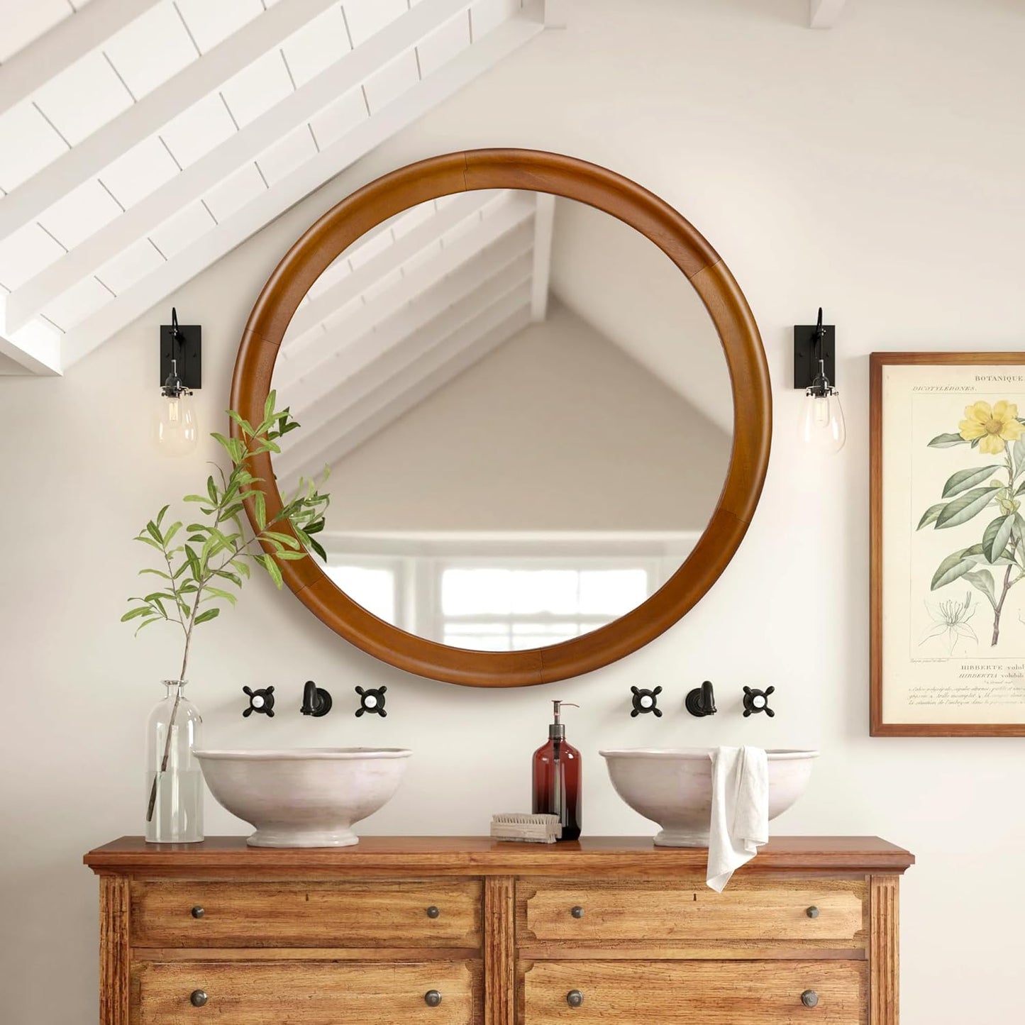 Round Wood Mirror for Wall,36 Inch Circle Decorative Mirror with Walnut Frame,Rustic Bathroom Hanging Vanity Mirror for Entryway,Bedroom or Living Room