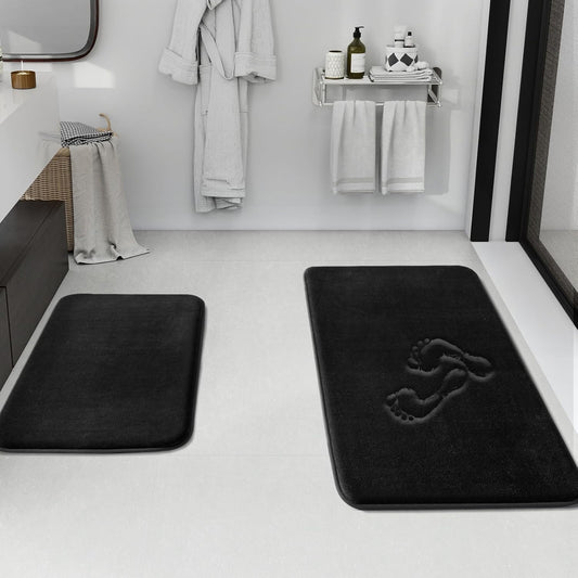 HUXMEYSON Bathroom Rugs Sets 2 Piece, Non-Slip & Quick Dry Bath Mat Set, Ultra Soft Velvet Bath Rugs for Bathroom, Toilet and Shower Floor, Black