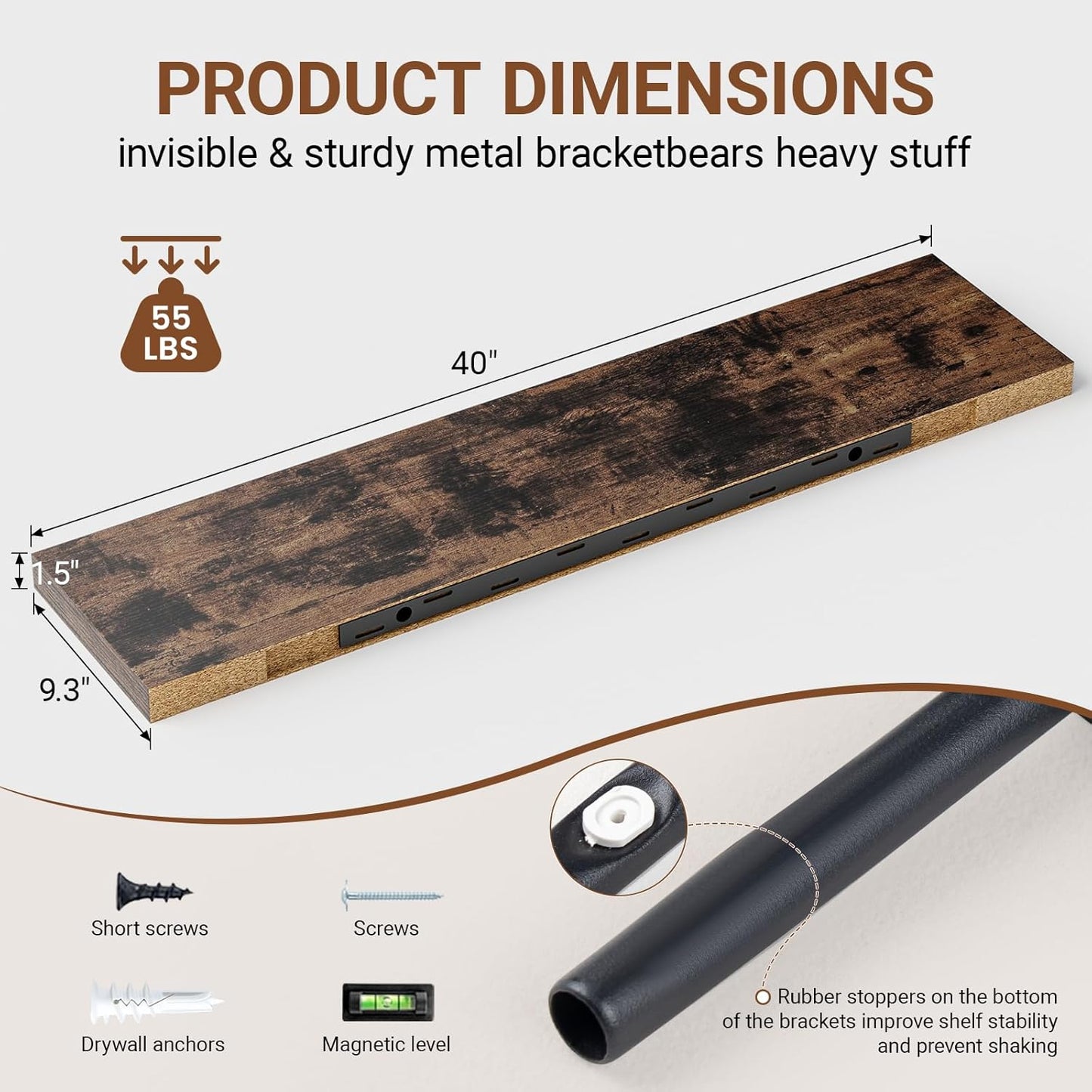 Heimlove 40 Inches Floating Shelves for Wall,9.3" Deep Rustic Brown Long Floating Shelves Set of 2,Large Display Shelf & Storage Shelf,Wall Shelf for Bathroom Bedroom Living Room Kitchen Office