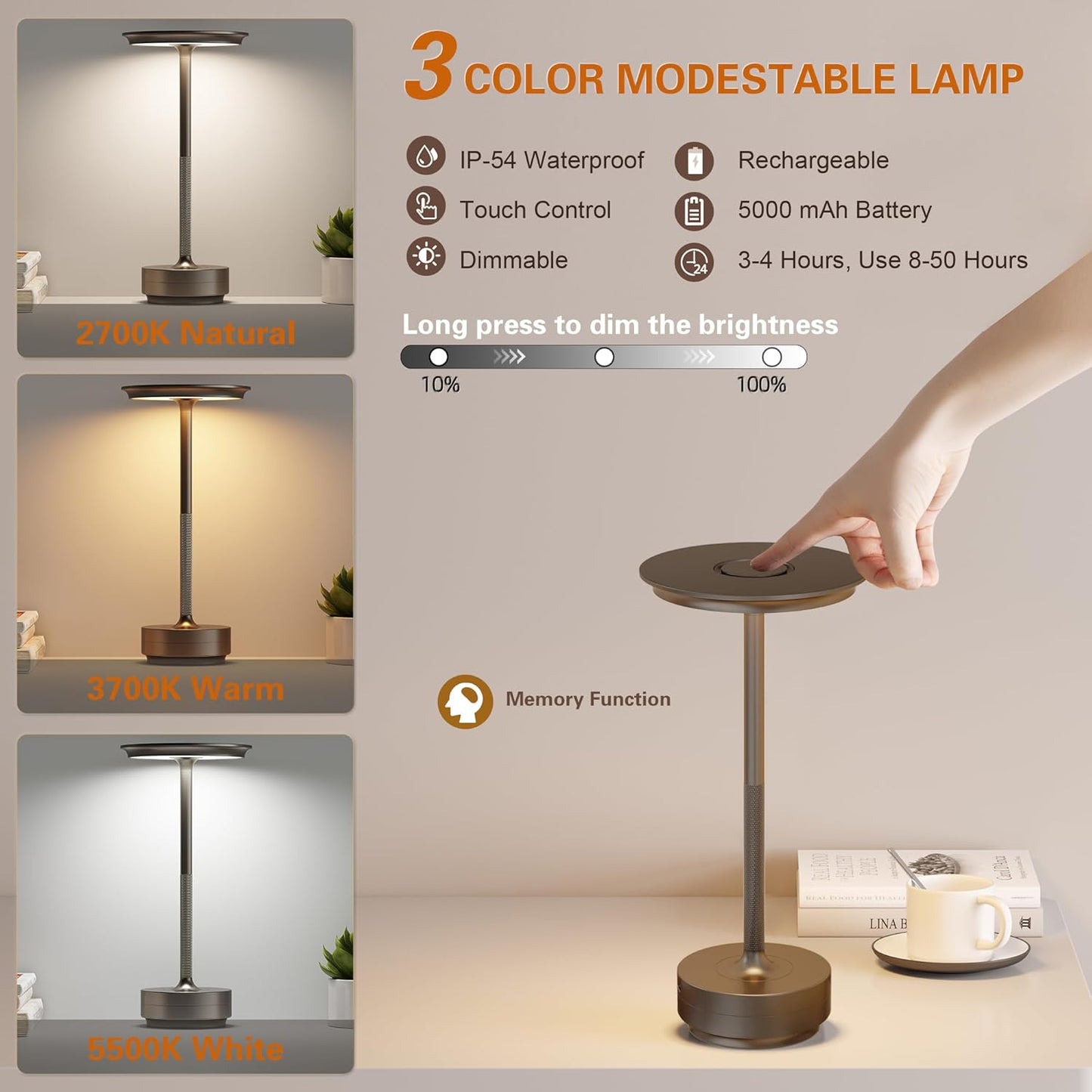 LED CordlessTable Lamp,Rechargeable USB-C Battery Operated Table Lights IP54 Waterproof 3 Levels Brightness Light with Memory Function,Cordless Light for,Dining Room, Cafe,Bars(2P Coffee)