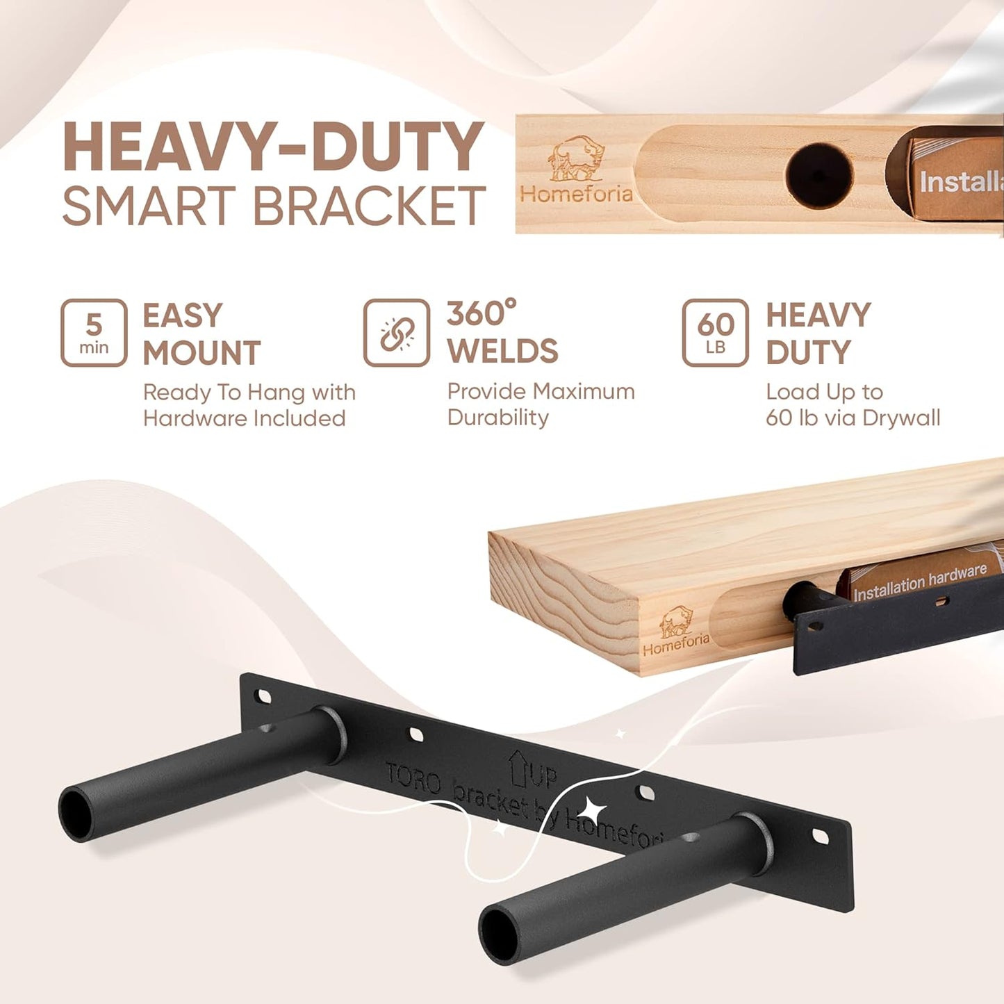 Homeforia 16 inch Natural Floating Shelf, High End Solid Real Wood 16inch Small Floating Shelves for Wall Mounted, Natural Wooden Floating Shelves, Heavy Duty Bracket, 16 X 6.5 X 1.75 in, Set of 4