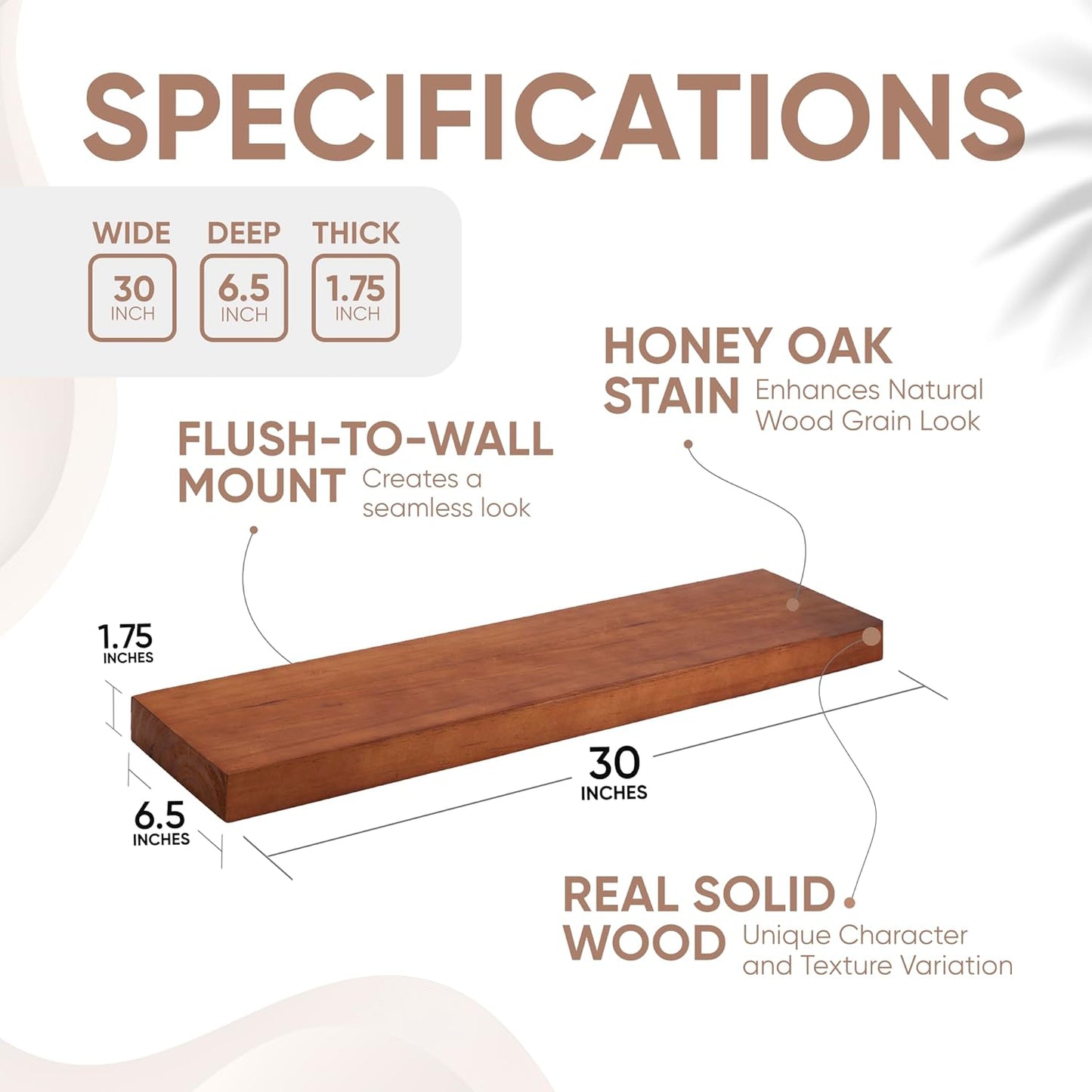 Homeforia Oak Floating Shelves 30 inch Long, High End Solid Real Wood 30inch Floating Shelves for Wall Mounted, Honey Oak Wooden 30in Floating Shelf, Heavy Duty Bracket, 30 X 6.5 X 1.75 in, Set of 4