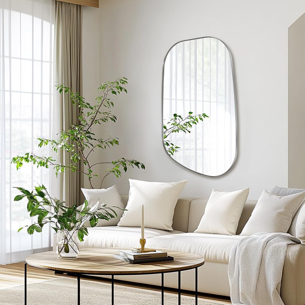 ANDY STAR Chrome Irregular Mirror, 24"x36" Silver Asymmetrical Wall Mirror in Stainless Steel Metal Frame, Unique Vanity Mirror with Modern Curved Design, Ideal for Bathroom, Bedroom, Entryway