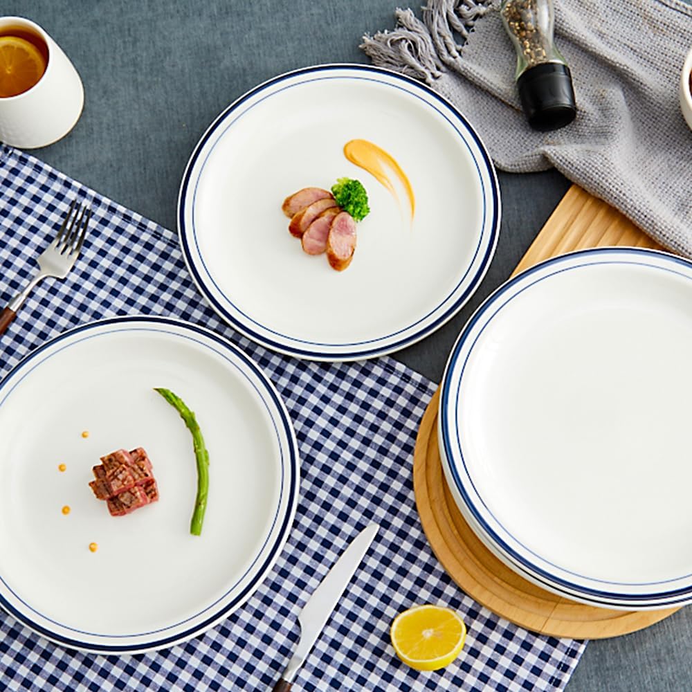 10.5-inch Porcelain Dinner Plate Set of 6 - Microwave, Oven and Dishwasher Safe, Scratch Resistant. (Classic Blue)