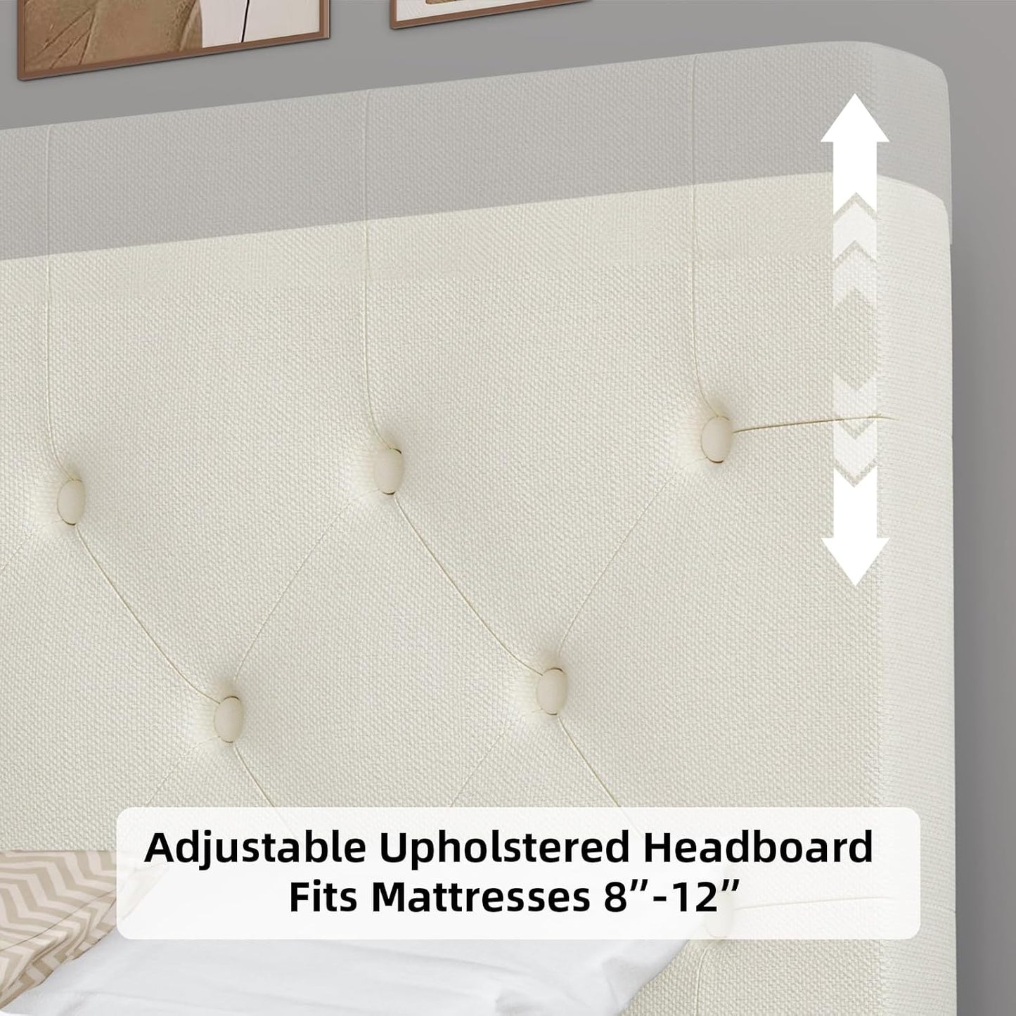 HOMBCK Full Size Bed Frame with Headboard, Linen Fabric Upholstered Platform Bed Frame, Button Tufted Bed Frame Full, Wooden Slat Support, No Box Spring Needed, Easy Assembly, Cream