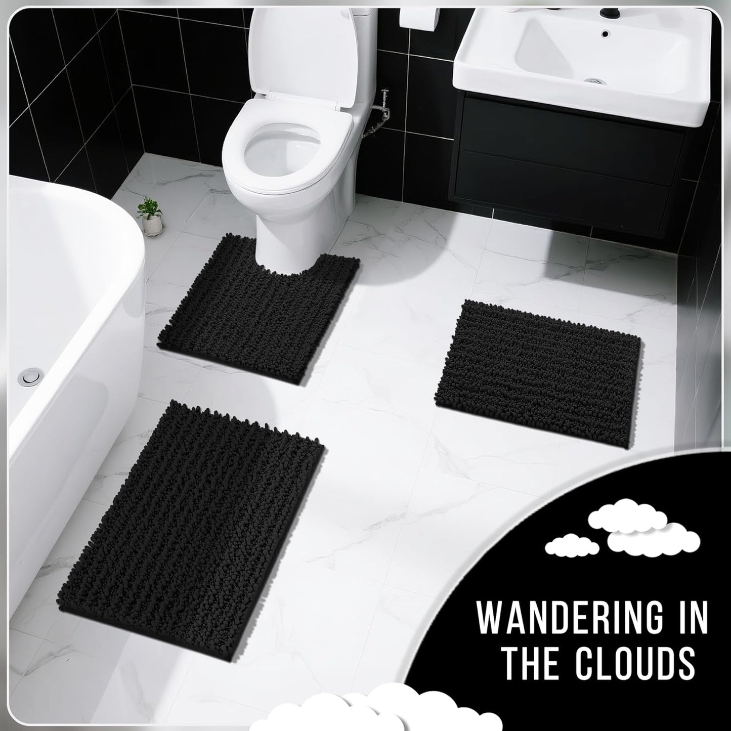 Yimobra Bathroom Rugs Sets 2 Piece - Quick Dry Extra Thick Luxury Chenille Bath Mat, Non Slip Super Absorbent for Tub Shower Sink, Machine Washable Shaggy Floor Mat, 24"x17+24"x20" Inch, Black