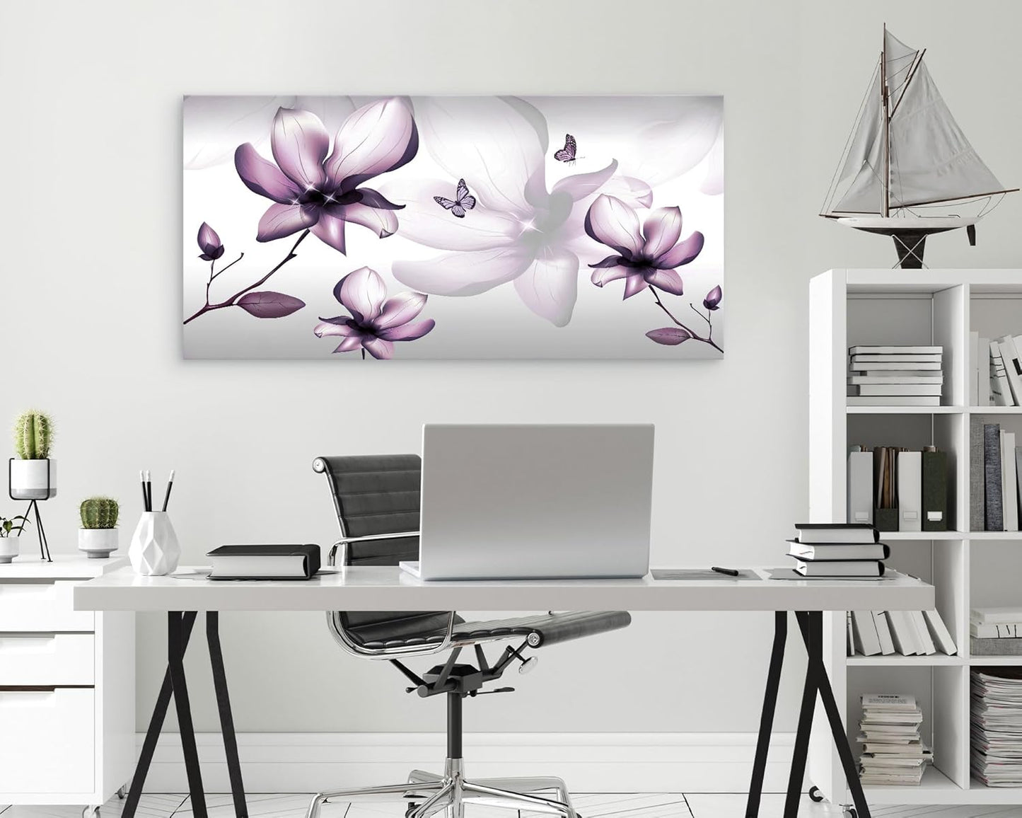 Muolunna BK06575 Purple Magnolia with Butterfly Flower Canvas Wall Art Picture 1 Panel 3D wallpaper Modern Art Prints Painting For Bedroom Modern Office Wall Decor Artwork