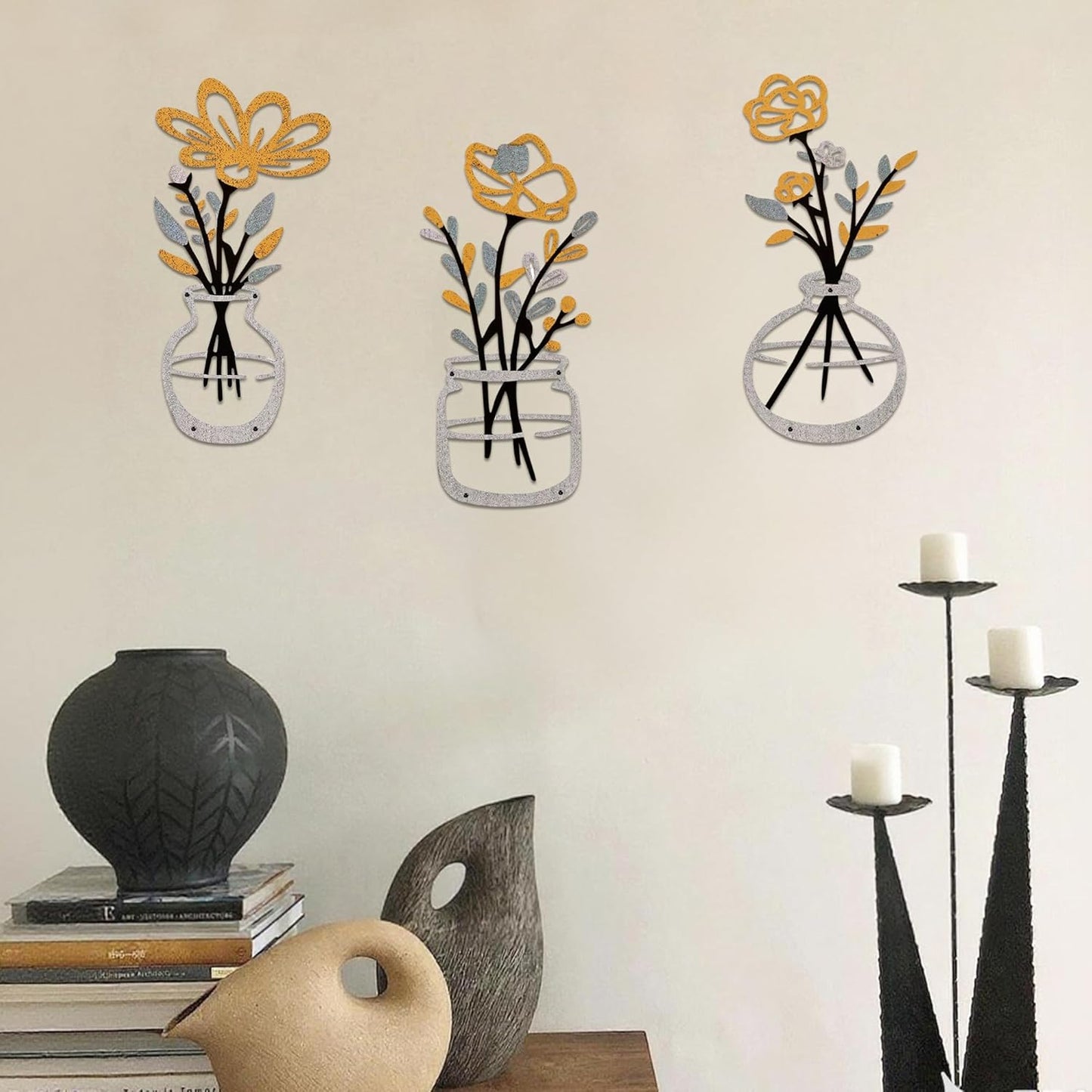 Luckinds Metal Flower Wall Art 3 Pieces, Rustic Farmhouse Decor Wall Decor Metal Wall Sculptures Hanging for Kitchen Bathroom living room