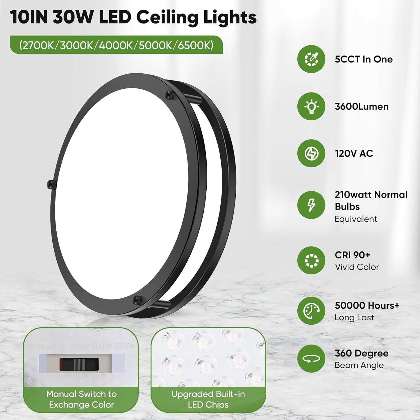 10 Inch LED Flush Mount Ceiling Light, Black Kitchen Lighting Fixture with 2700K/3000K/4000K/5000K/6500K 5 Color Adjusted, Dimmable Modern Round LED Light for Bedroom Living Room Laundry, 1-Pack