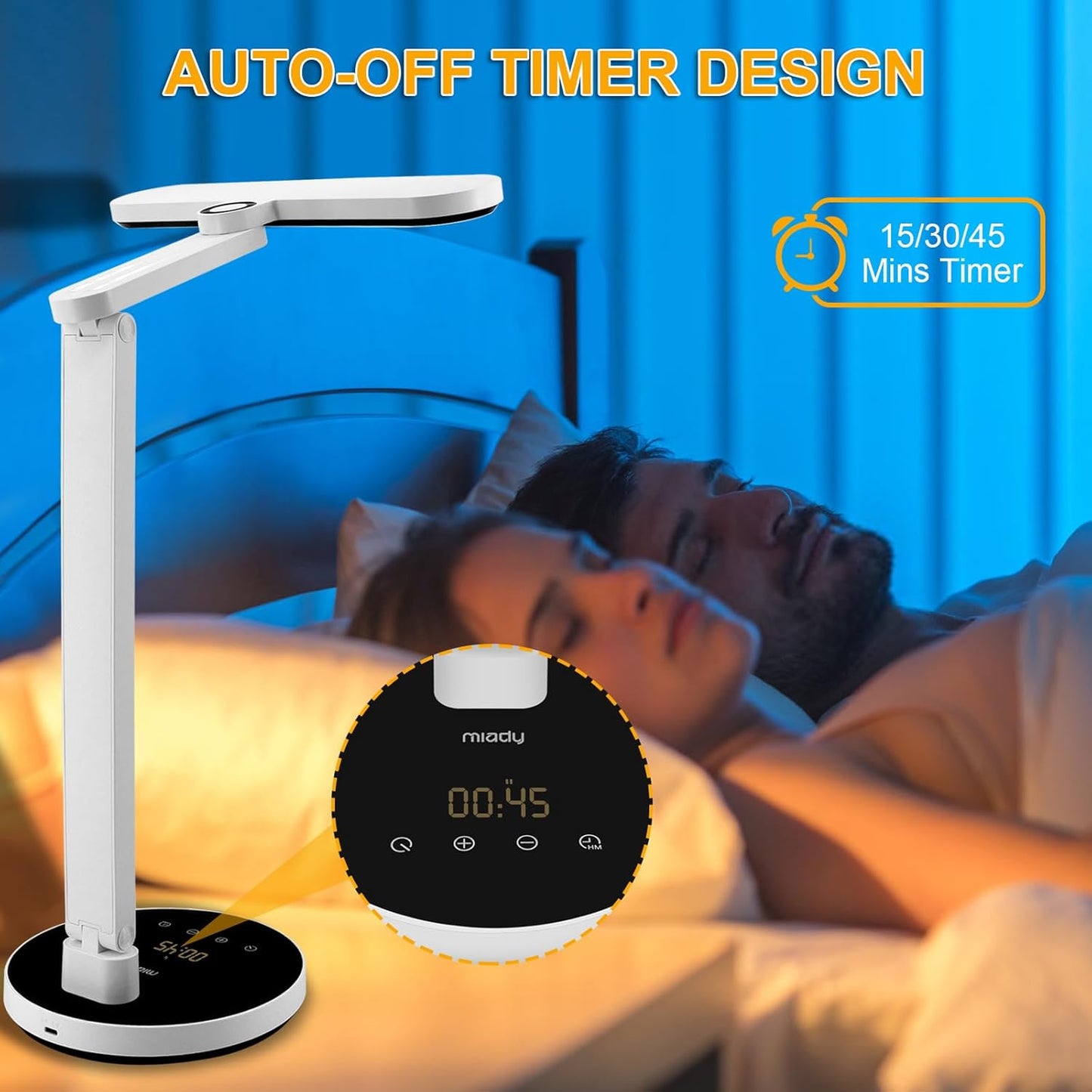 Miady LED Desk Lamp Stepless Dimming for Office Home, 15/30/45 Minutes Auto-Off Timer, 6 Lighting Brightness Levels with Adjustable Arm, Eye-Caring Reading Light for Table Bedroom Study