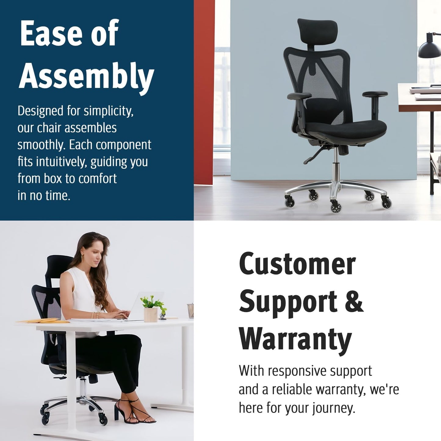 Duramont Ergonomic Office Chair - Adjustable Desk Chair with Lumbar Support and Rollerblade Wheels - High Back Chairs with Breathable Mesh - Thick Seat Cushion, Head, and Arm Rests - Reclines