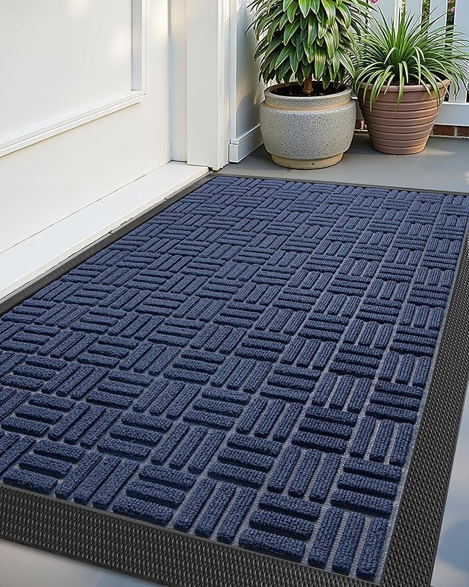 Color&Geometry Front Door Mat Outside Entrance, Heavy Duty Non Slip Low Profile Doormat for Entryway, Trap Dirt and Moisture Welcome Mats All-Weather, Easy Clean, Patio, Garage, 24"x36" Blue