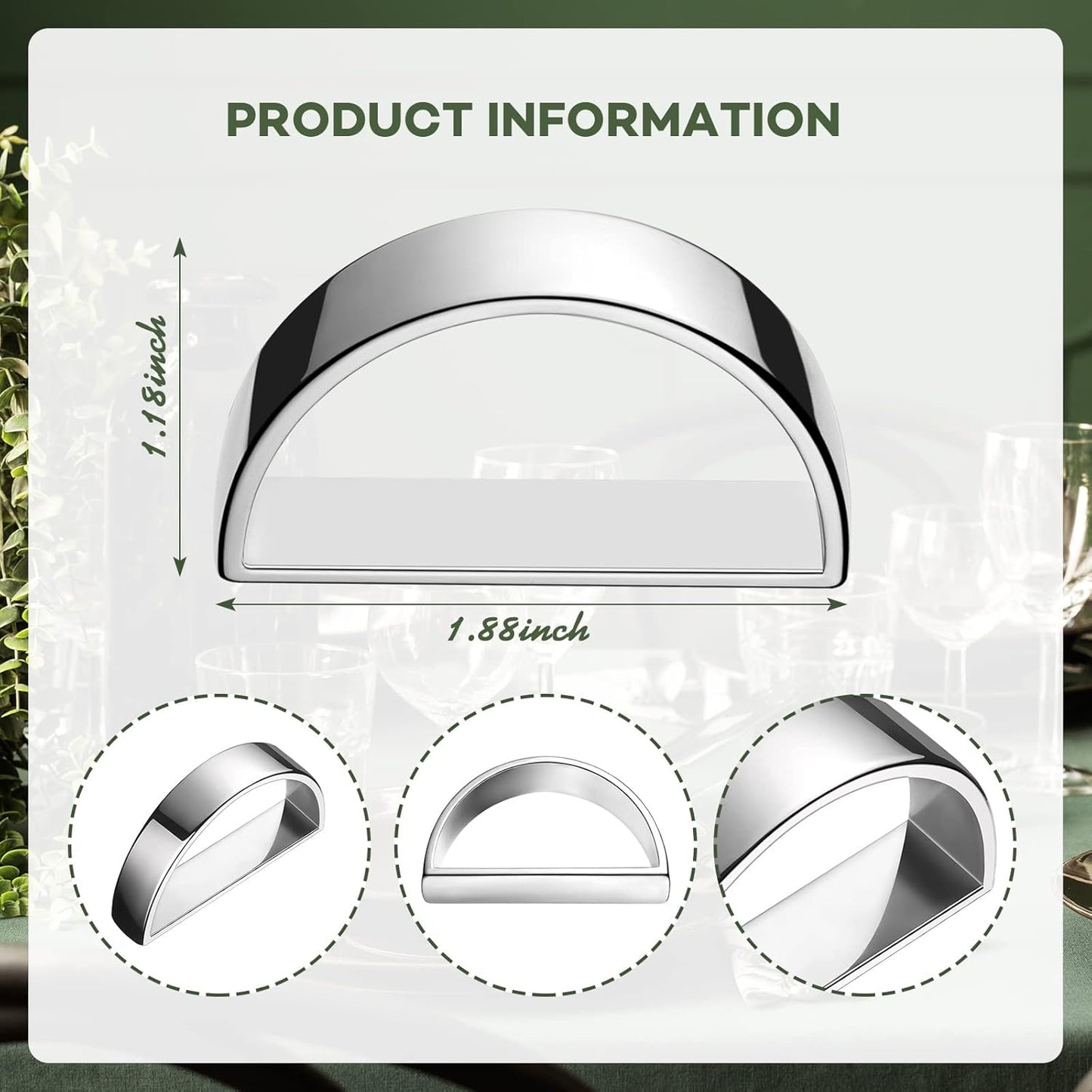 8 Pcs Stainless Steel Napkin Rings Festival Metal Napkin Ring Holders Modern Serviette Buckles Metallic Adornment for Table Settings Kitchen Dinner Party Wedding (Bright Silver Semicircle)