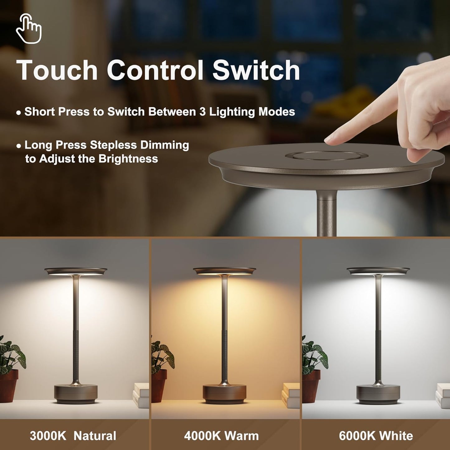 Rechargeable Cordless Table Lamps,Portable 5000mAh LED Table Light, 3 Color Stepless Dimming Battery Powered Metal Table Lamp for Outdoor/Patio/Restaurant/Camping.(Cafe)