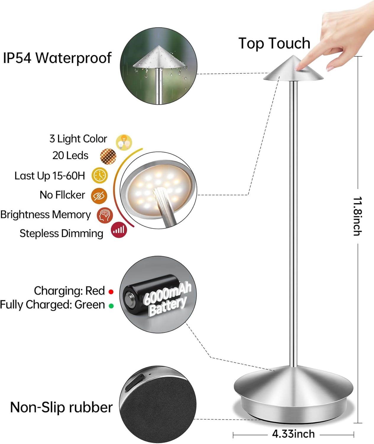 Portable Led Cordless Lamp Table Light 2 Pack, Rechargeable 6000mAh Battery Outdoor Table Lamp for Dinning Restaurant Patio Bedroom Camping, IP54 Waterproof, Dimmable