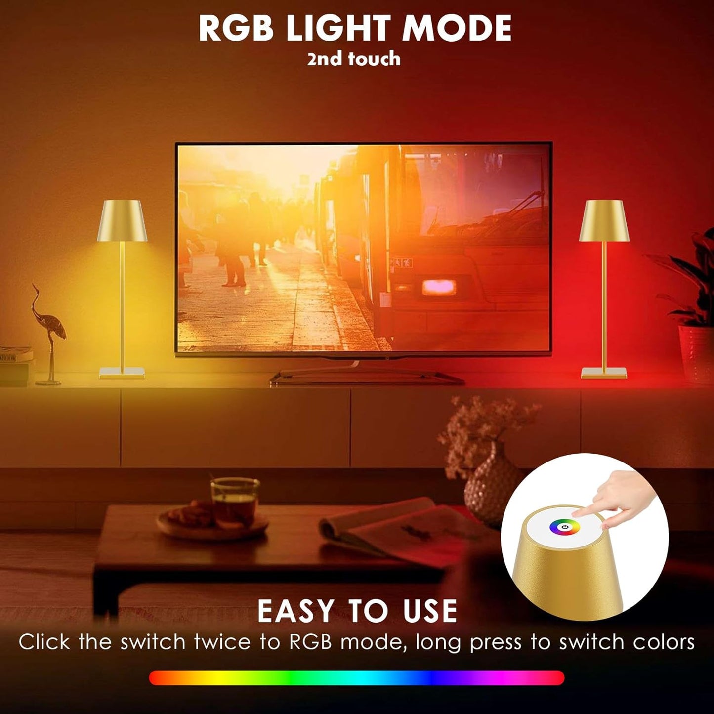 2-Pack LED Cordless Table Lamp with RGB & Stepless Dimming, 3W 5500mAh Rechargeable Desk Lamps Battery Operated Table Light Stepless Dimmable Portable Table Lamp for Table/Bedroom/Outdoor (Gold)