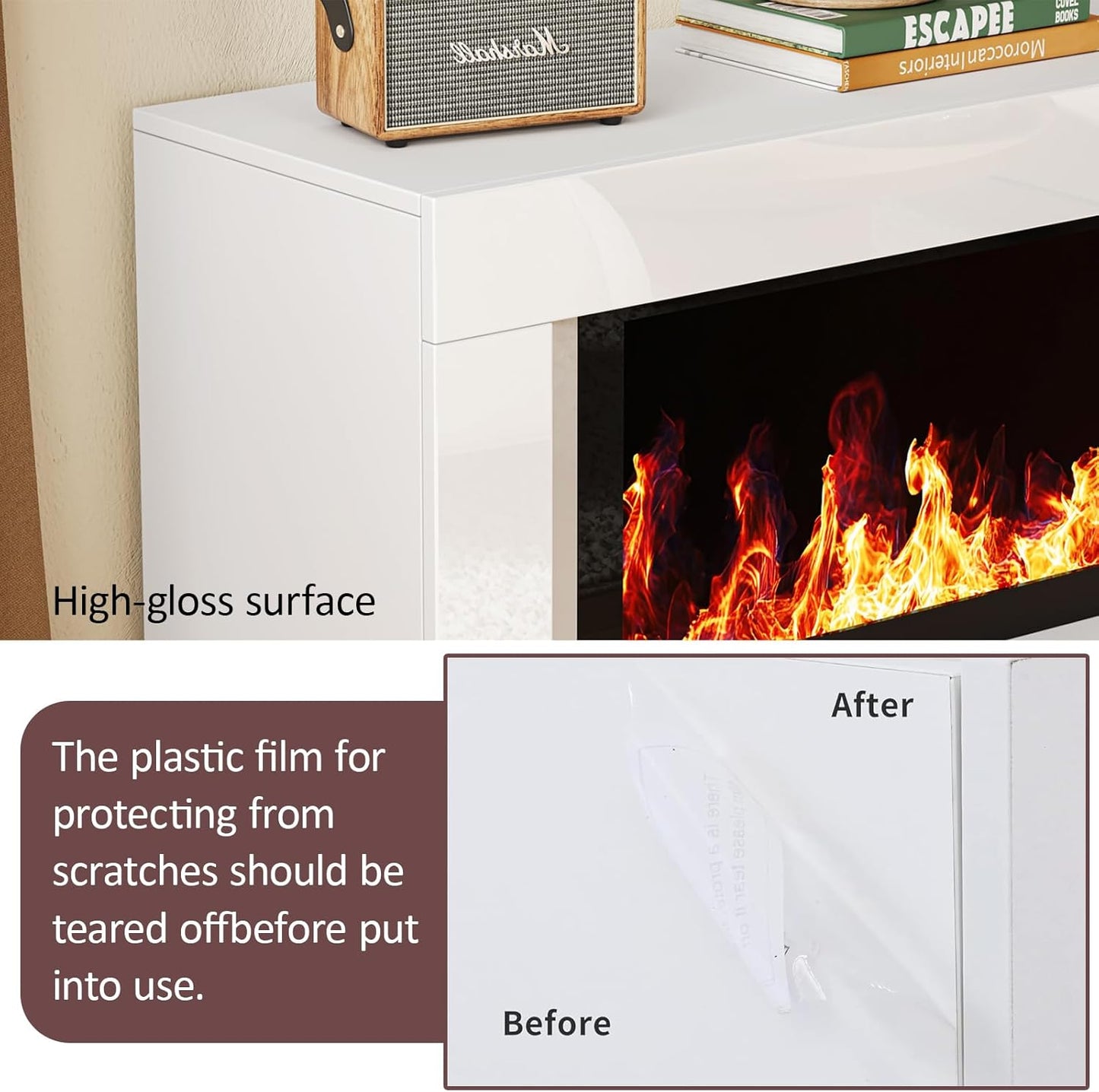 High Gloss Fireplace TV Stand with 47" Electric Fireplace, 63" Entertainment Center with Fireplace, Modern Wood TV Console with 12 Electronic Flame Colors for Living Room, White