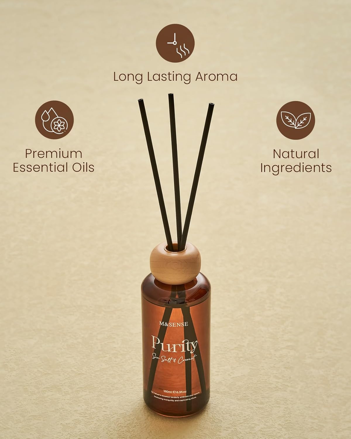 M&SENSE Seasalt Coconut Reed Diffuser: 6.3 fl oz Non-Toxic Aroma Set with Sticks, Light & Subtle Fragrance, Long-Lasting Natural Essential Oil Gifts for Bedroom, Shelf Decor & Small Spaces