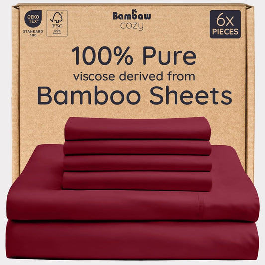 Bambaw 100% Viscose Derived from Bamboo Queen Sheet Set 6 Piece, Queen Size Cooling Sheets for Hot Sleepers, Super Soft Sheets Queen Size, Deep Pockets Fits Up to 16'' Mattresses (Burgundy)