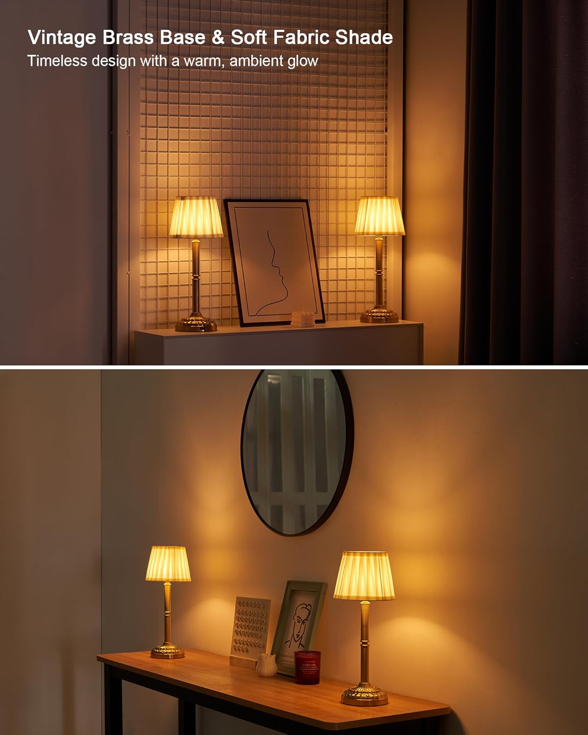 Vintage Brass Cordless Rechargeable Table Lamp with Fabric Shade – Small Battery Operated Lamp, 3-Level Dimmer, Portable Wireless Lighting for Restaurant Dining Bedside Kitchen Living Room Patio