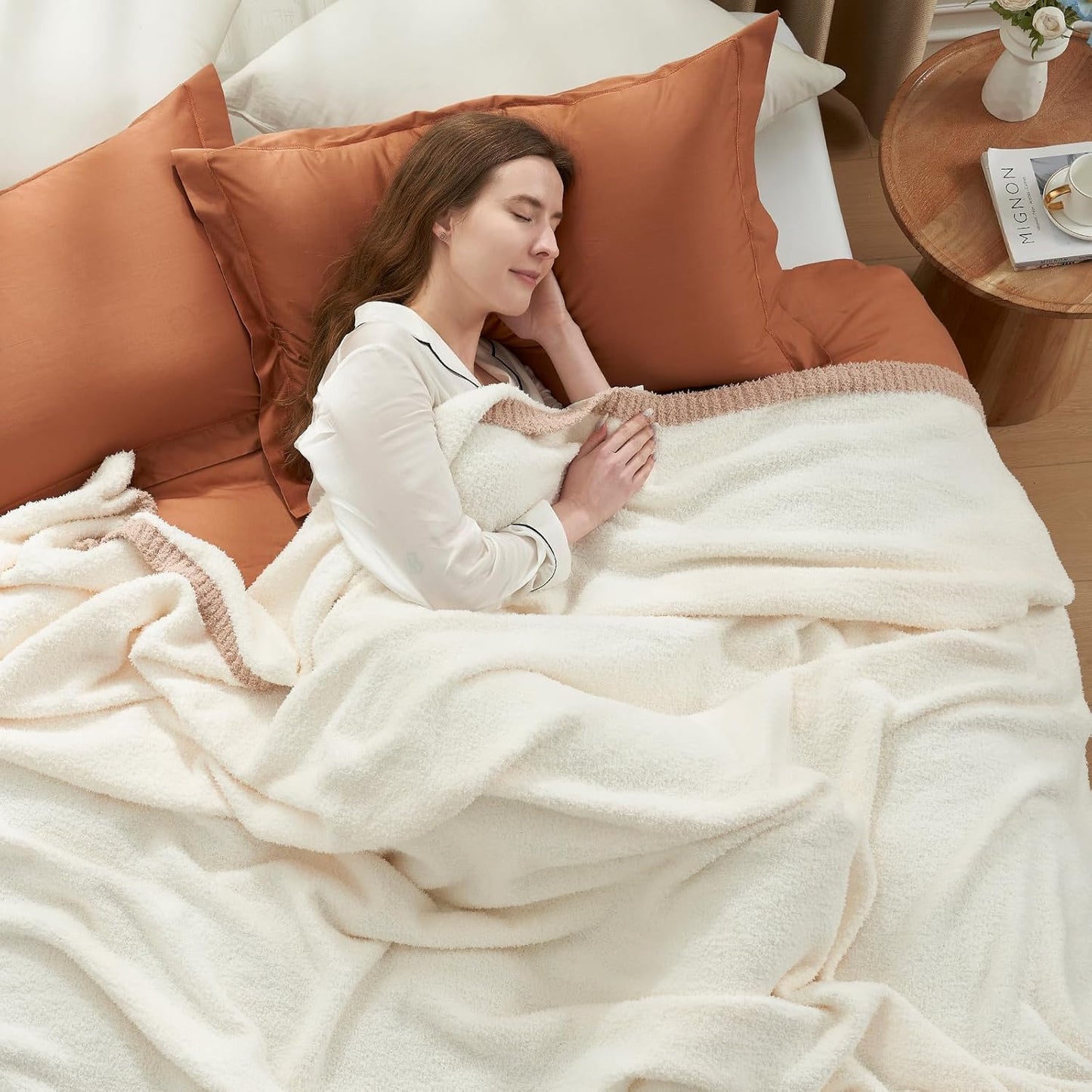 Snuggle Sac Cream Bedding Blankets Queen Size 90x90 inches, Reversible Microfiber Fluffy Fuzzy Soft Throw Cozy Knit Blanket for Women Mothers Birthday Gifts