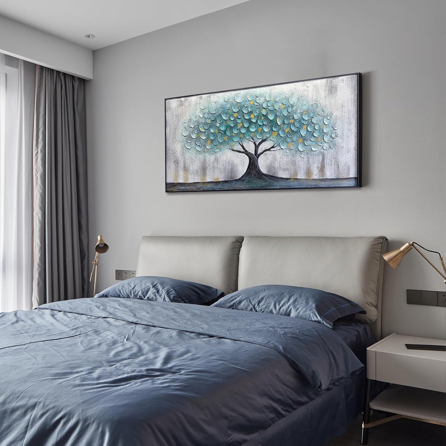 Teal Blue Tree of Life Canvas Wall Art for Living Room, Hand Painted Modern Abstract Textured Painting, Large Framed Panoramic Landscape wall art for Living Room, Bedroom, Office, Home Decor 60"x30"