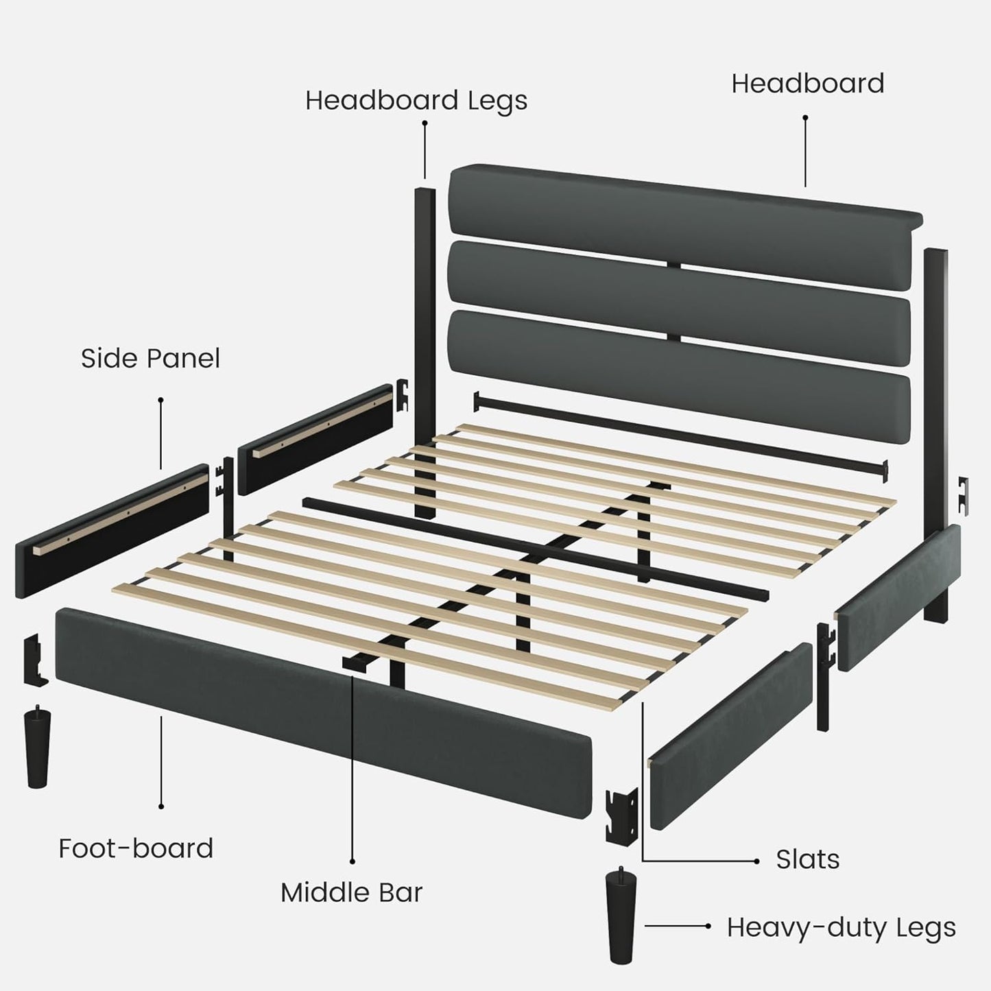 Queen Bed Frame, Platform Bed Frame with Velvet Upholstered Headboard, No Box Spring Needed, Sturdy Metal Support, Noise Free, Easy Assembly, Modern Bedroom Furniture, Grey