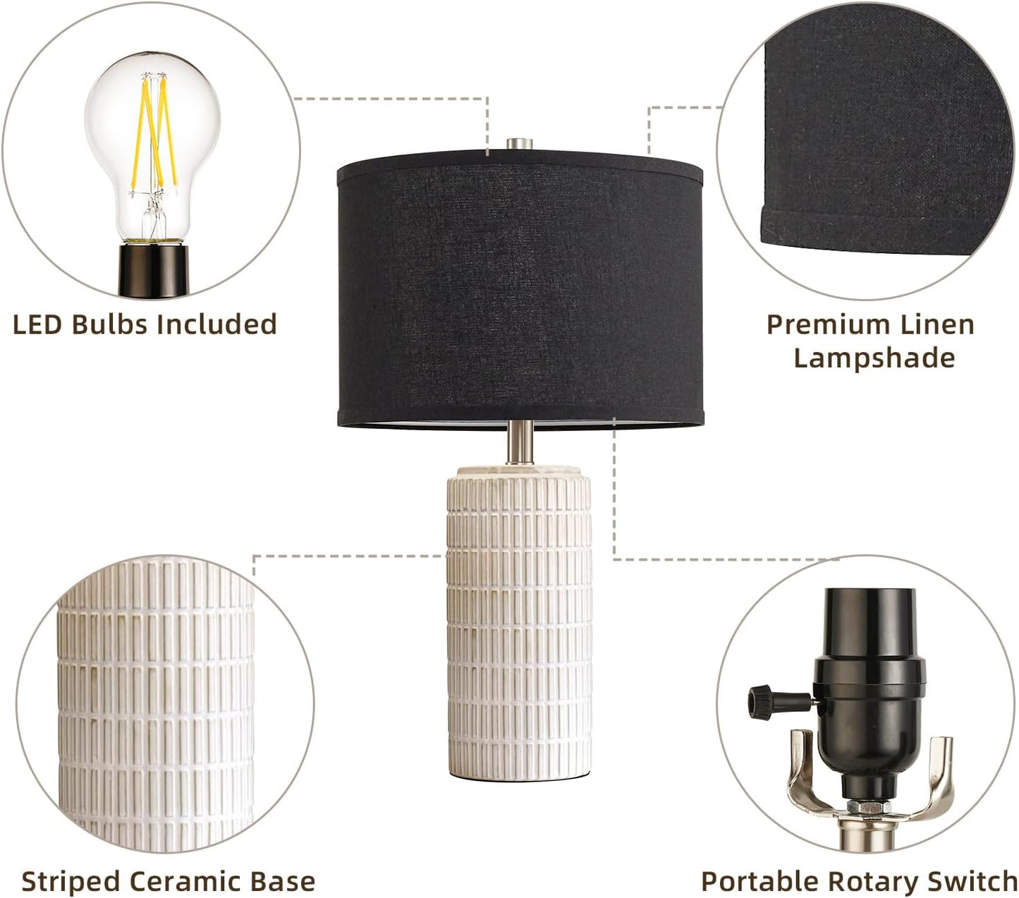 23'' Set of 2 Modern Ceramic Table Lamps, Minimalist Bedside Lamp, Rustic Nightstand End Table Lamp for Bedroom, Living Room, Study Room, Office, 2 LED Bulbs Included (Black)