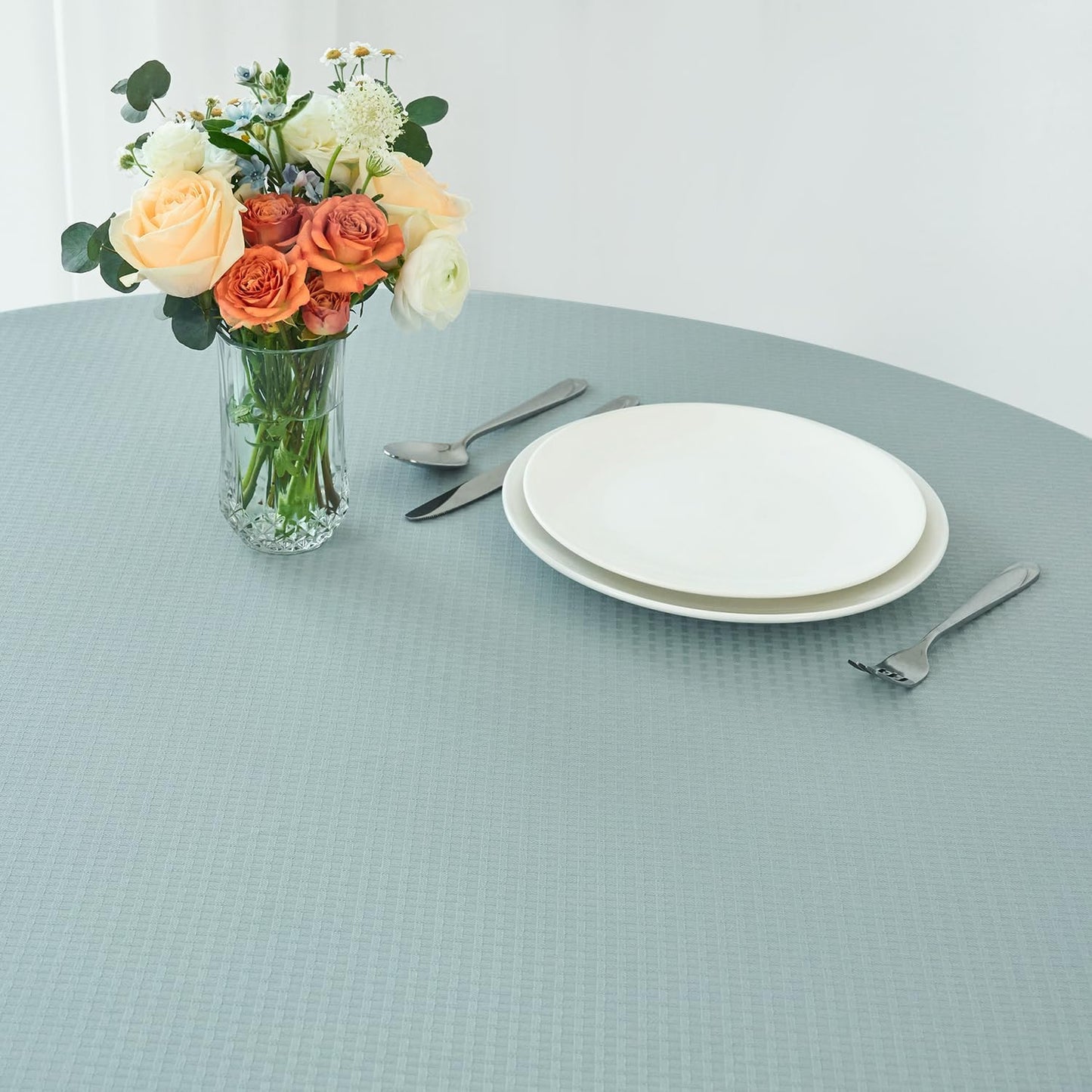 maxmill Round Weaved Texture Design Tablecloth Spill-Proof Wrinkle Free Soft Washable Table Cloth for Circular Table Cover, for Dining Room Banquet Parties Holiday Dinner, 70 Inch Dusty Blue