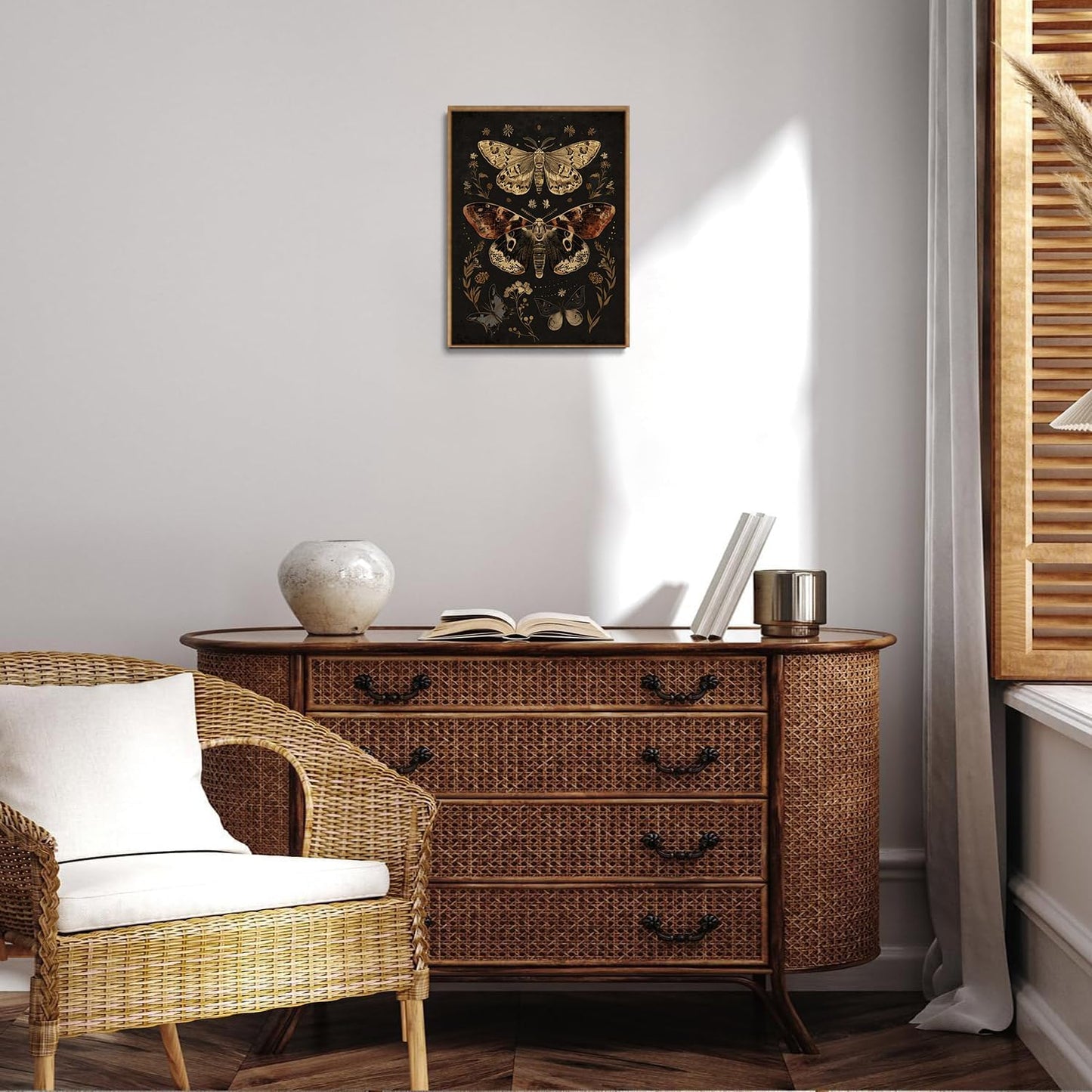 Djmwtb Vintage Framed Wall Art Moth Canvas Wall Art Prints Gothic Floral Painting Boho Dark Academia Pictures Wall Decor Artwork for Living Room Bedroom Bathroom Office 8x10in