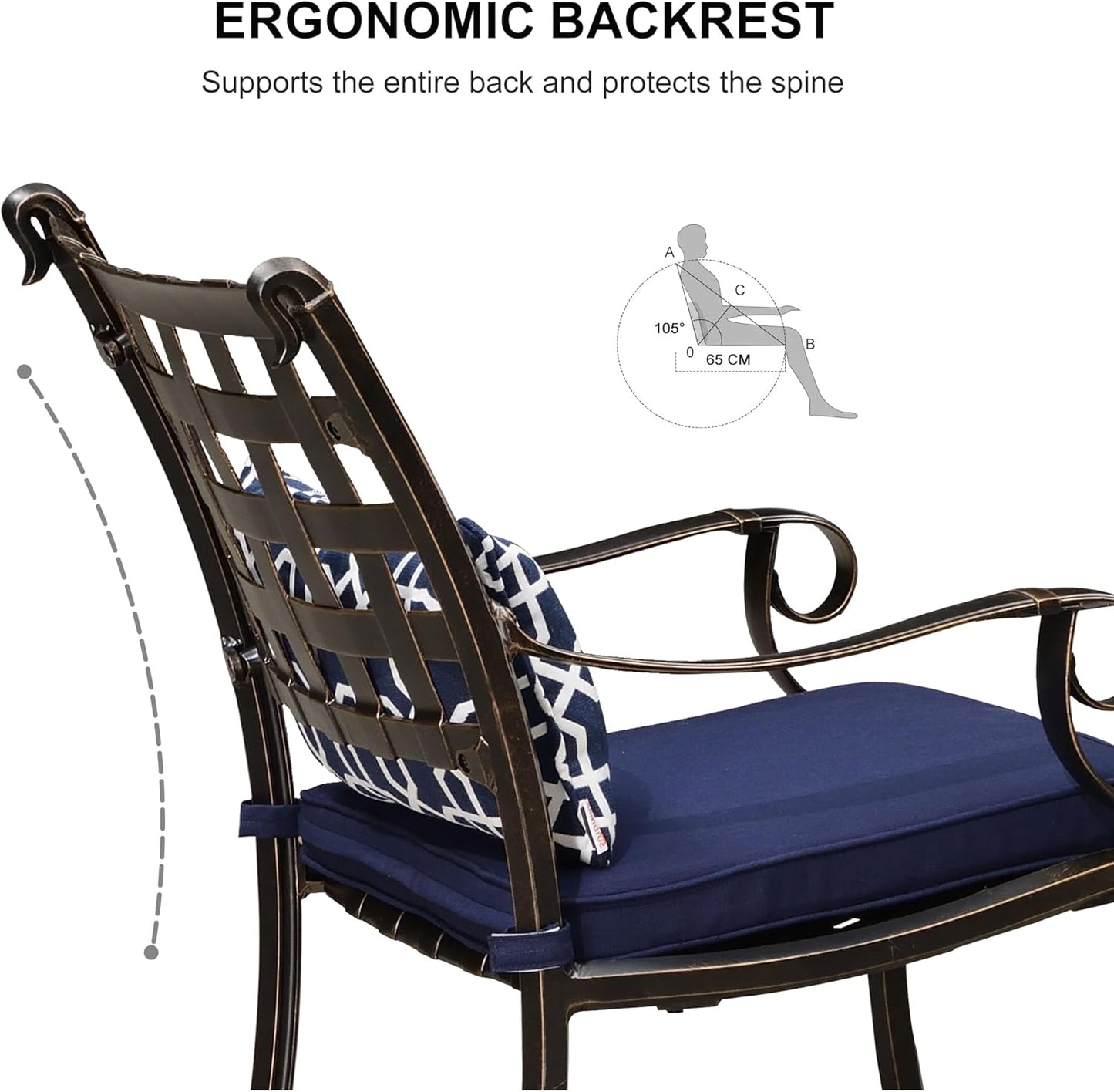 PURPLE LEAF 7 Pieces Patio Dining Set Cast Aluminum Patio Furniture with 6 Armchairs and 47" Round Table, Cushion and Pillow Included, for Lawn Yard Garden Outdoor Dining Set, Navy Blue