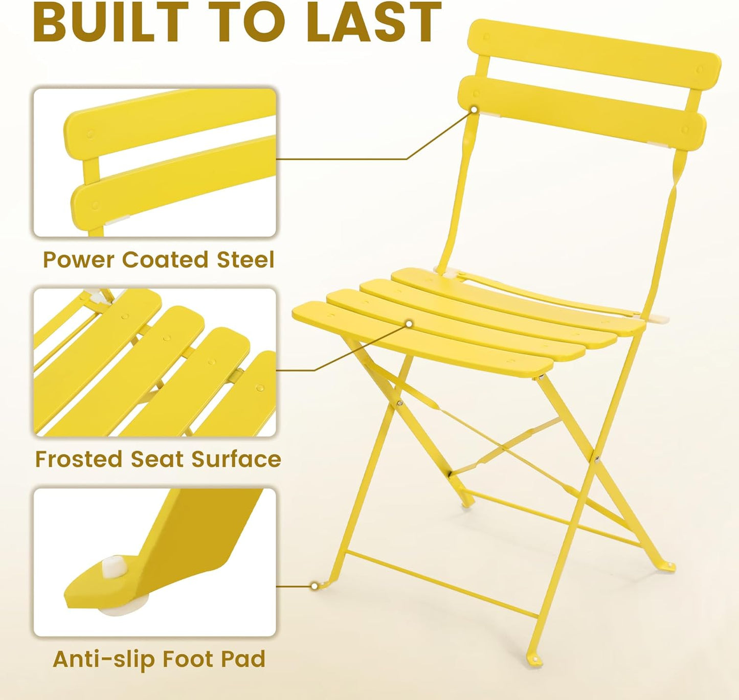 Kromax Outdoor 3 Piece Patio Bistro Set, Folding Bistro Table and 2 Folding Chairs, Patio Conversation Furniture Set, Space Saving, Yellow