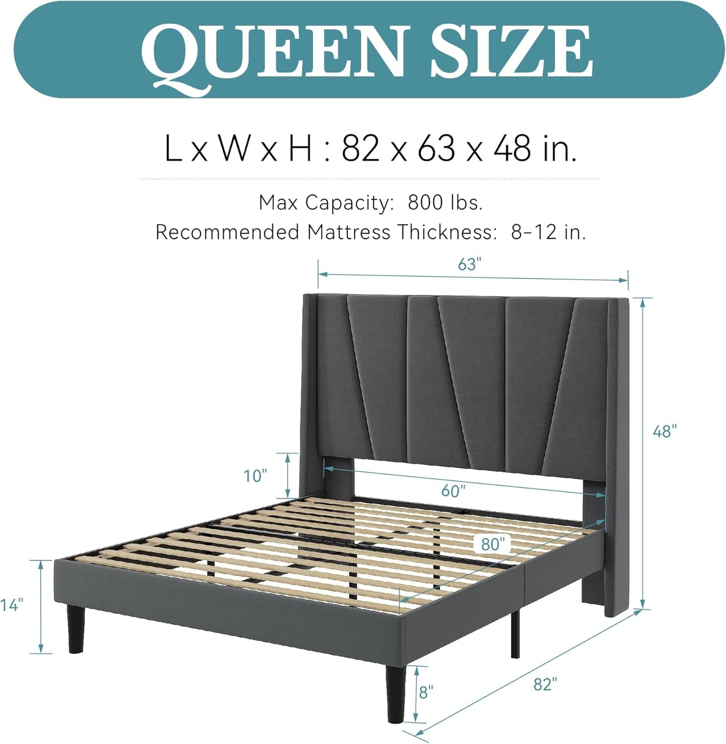 HOOMIC Queen Size Platform Bed Frame with Geometric Wingback Headboard, Wooden Slats Support, No Box Spring Needed, Modern Style in Dark Grey