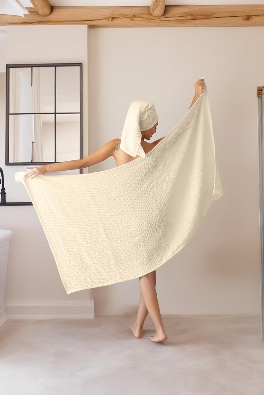 Muslin Bath Towels Pack of 2-32"x67" Inch Large Size, 100% Turkish Cotton, Thin, Soft, Quick-Dry, Lint-Free, Muslin Bathroom Towels (Natural, Pack of 2 Bath Towels)