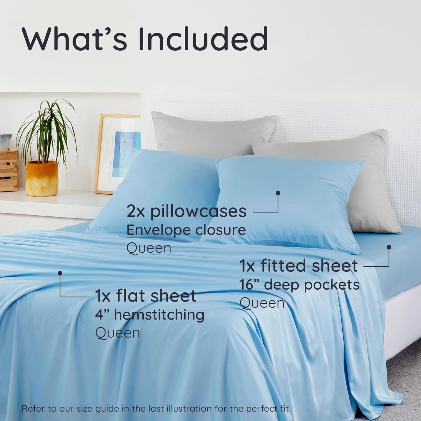 Bambaw Queen Sheet Set – 4pcs 100% Viscose Derived from Bamboo Sheets Queen Size Bed Set, Breathable Sheets Fits Up to 16'' Deep Pocket, Queen Cooling Sheets for Hot Sleepers (Dream Blue)