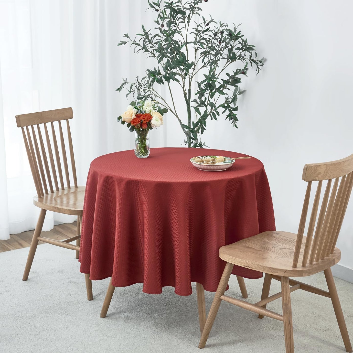 maxmill Round Tablecloth Weaved Pattern Spill-Proof Wrinkle Free Soft Table Cloth for Circular Table Cover, for Dining Room Fall Harvest Thanksgiving Parties Holiday Dinner, 70 Inch, Rustic Brick