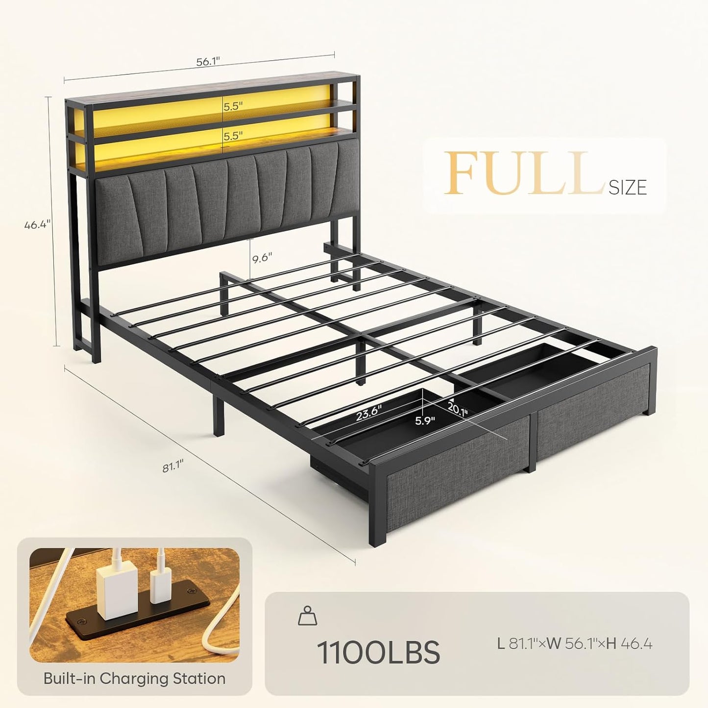 Full Size Bed Frame with Headboard Storage Platform Bed Frame Full Size with 2 Drawers LED Light and Charging Station Bed Base No Box Spring Needed