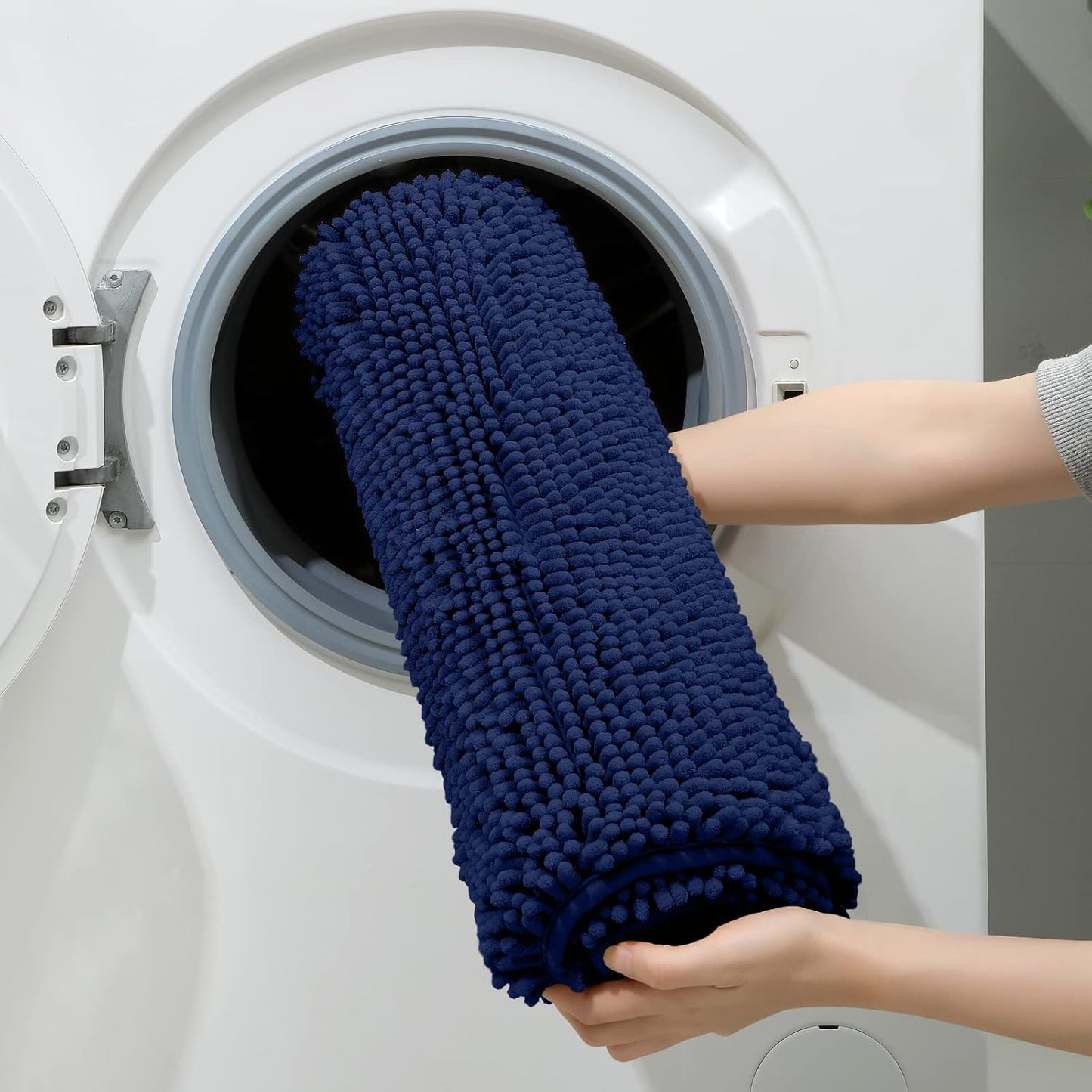 HOMEIDEAS 3 Pieces Bathroom Rugs, Ultra Soft Non Slip Absorbent Chenille Toilet Bath Mat Set (Navy Blue,17"x24"+20"x32"+U Shape 20"x24")