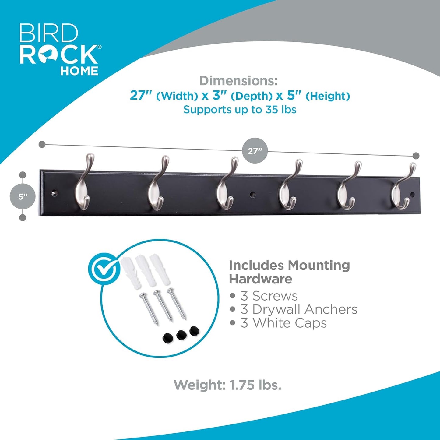 BirdRock Home Oval Hook Coat and Hat Rack | 6 Hooks | 2 Pack | Wall Mount | Black Finish | Satin Nickel Hooks