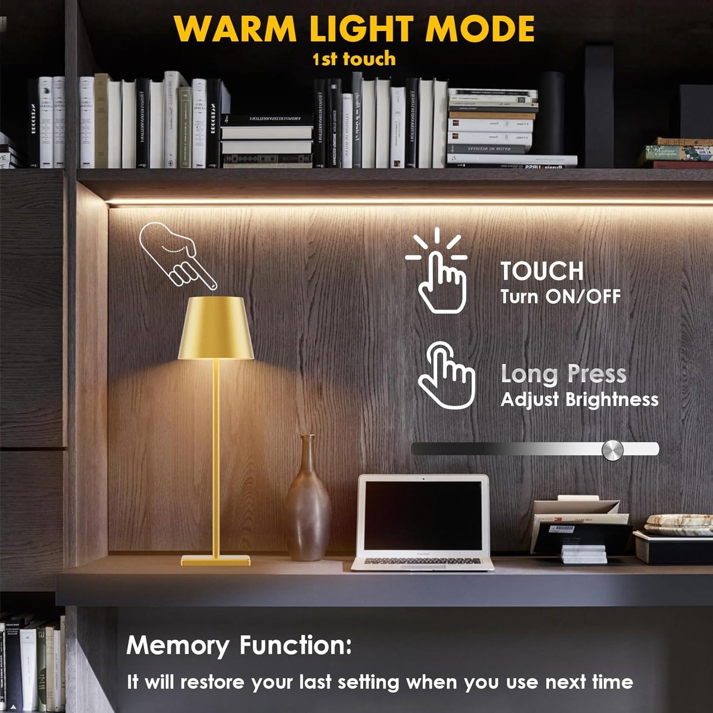 2-Pack LED Cordless Table Lamp with RGB & Stepless Dimming, 3W 5500mAh Rechargeable Desk Lamps Battery Operated Table Light Stepless Dimmable Portable Table Lamp for Table/Bedroom/Outdoor (Gold)