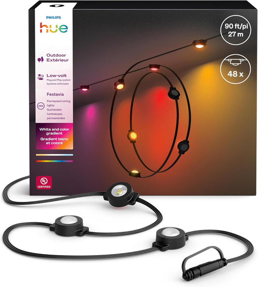 Philips Hue Festavia 90ft Permanent Outdoor String Lights, 48 Dimmable Lights, 55 Lumens Each, Weatherproof, Water-Resistant, Black Wire, Color Ambience, Bridge Required