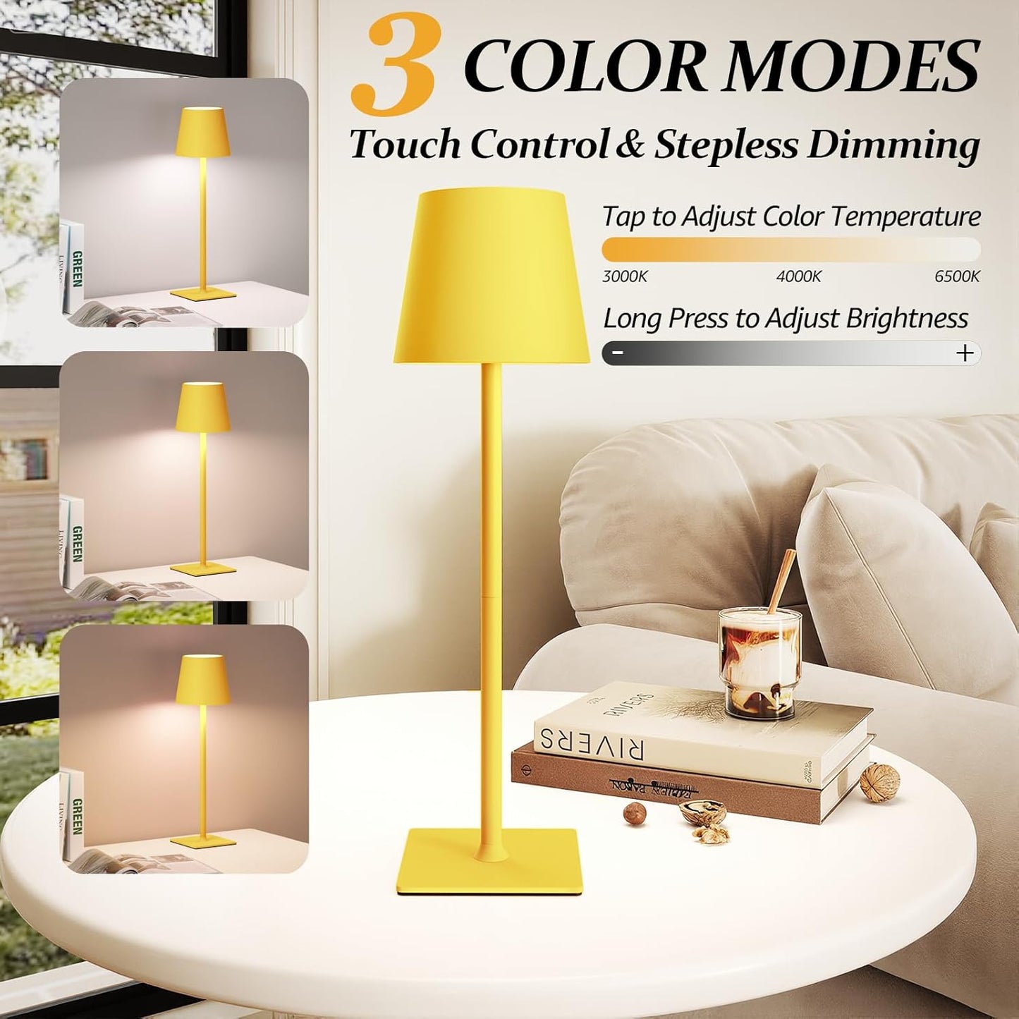 2 Pack Cordless Table Lamps, 3 Colors Stepless Dimming, 5000mAh Rechargeable Battery LED Desk Lamp for Bedroom/Couple Dinner/Desk/Cafe/Dining Room/Terrace