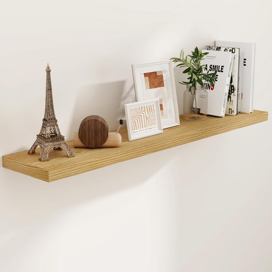 Floating Shelves 55 Inch Long, 55"W x 9.3"D Wall Shelf Invisible Bracket, 9.3 Inch Deep Floating Shelf for Wall, Rustic Wooden Shelves for Living Room, Kitchem, Bedroom, Oak Color, Set of 1