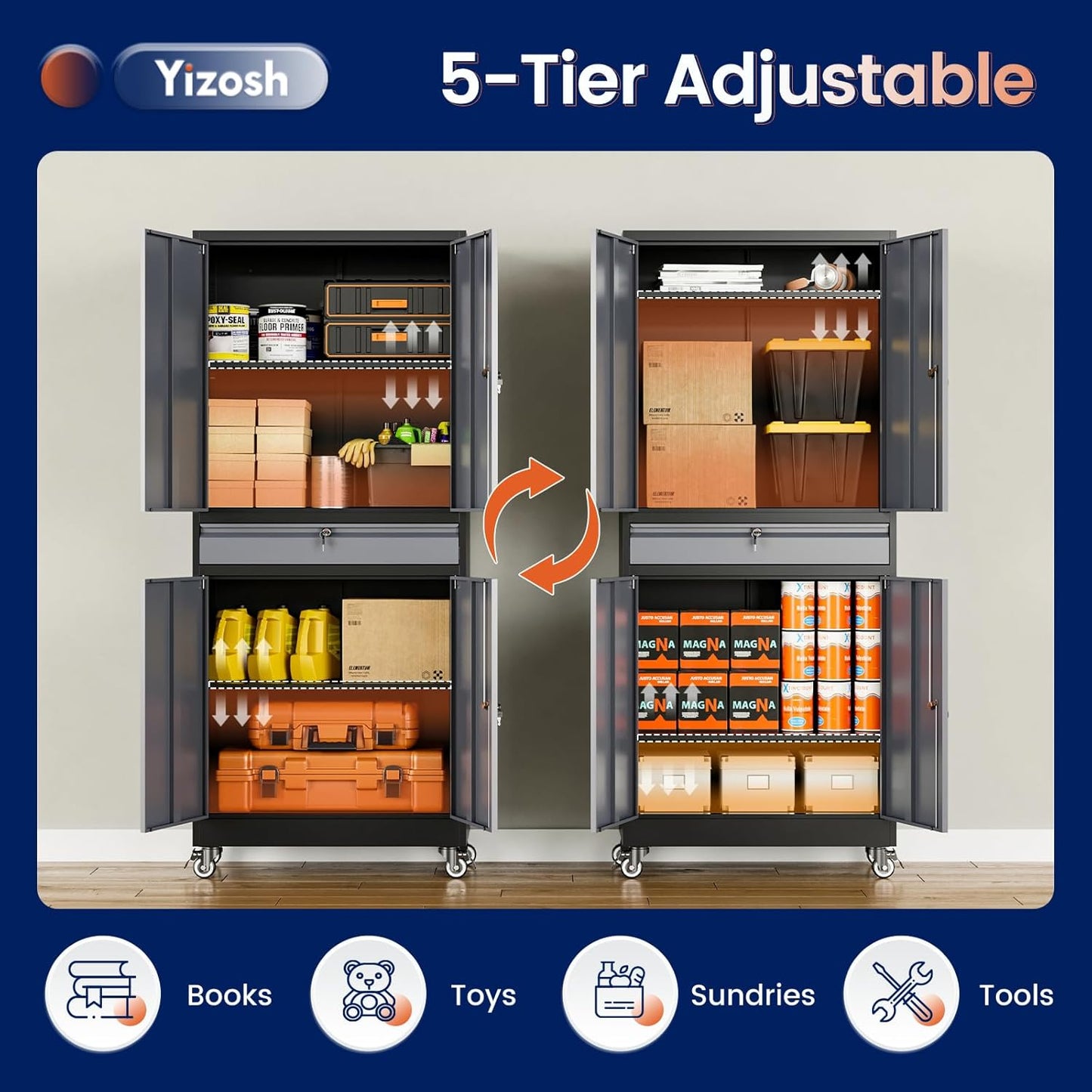 Yizosh Metal Garage Storage Cabinet with Locking Doors and Adjustable Shelves, -73" Steel Rolling Tool Storage Cabinet with 4 Wheels and 1 Drawer for Garage,Office,Warehouse