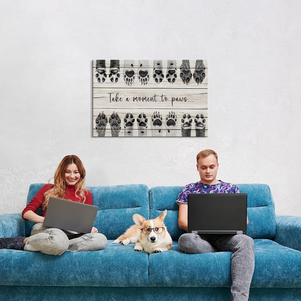 Dog Art Animal Canvas Wall Art Take a Moment to Paws Wall Art Dog Art Wall Decor Animal Pictures Paw Print Wall Decor Dog Picture Puppy Paw Print Dog Quotes Wall Decor for Bedroom Decor (16''Hx24''W)