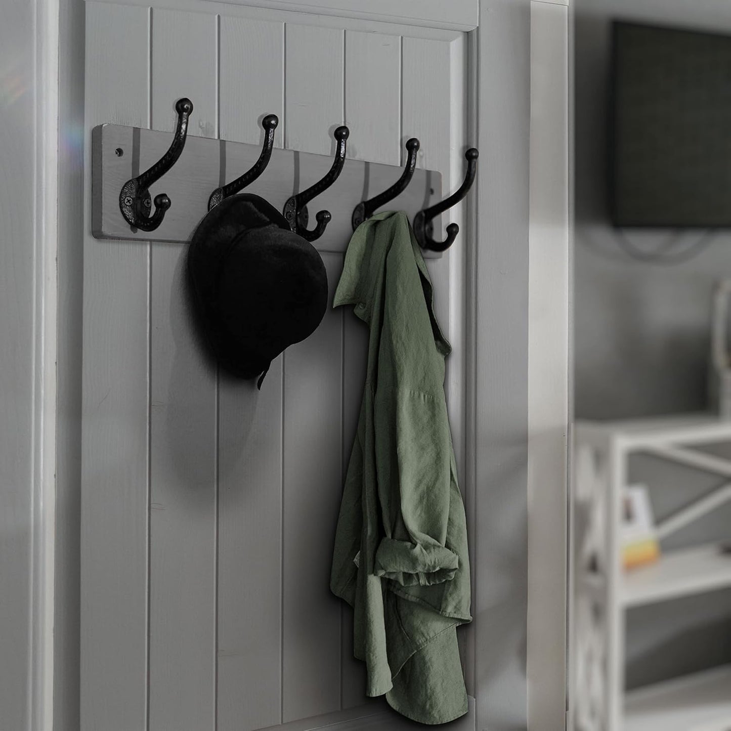 WEBI Rustic Coat Rack Wall Mount,5 Cast Iron Coat Hooks Wall Mounted Coat Hanger,Heavy Duty Vintage Hooks for Hanging Coats,Clothes,Jacket,Grey