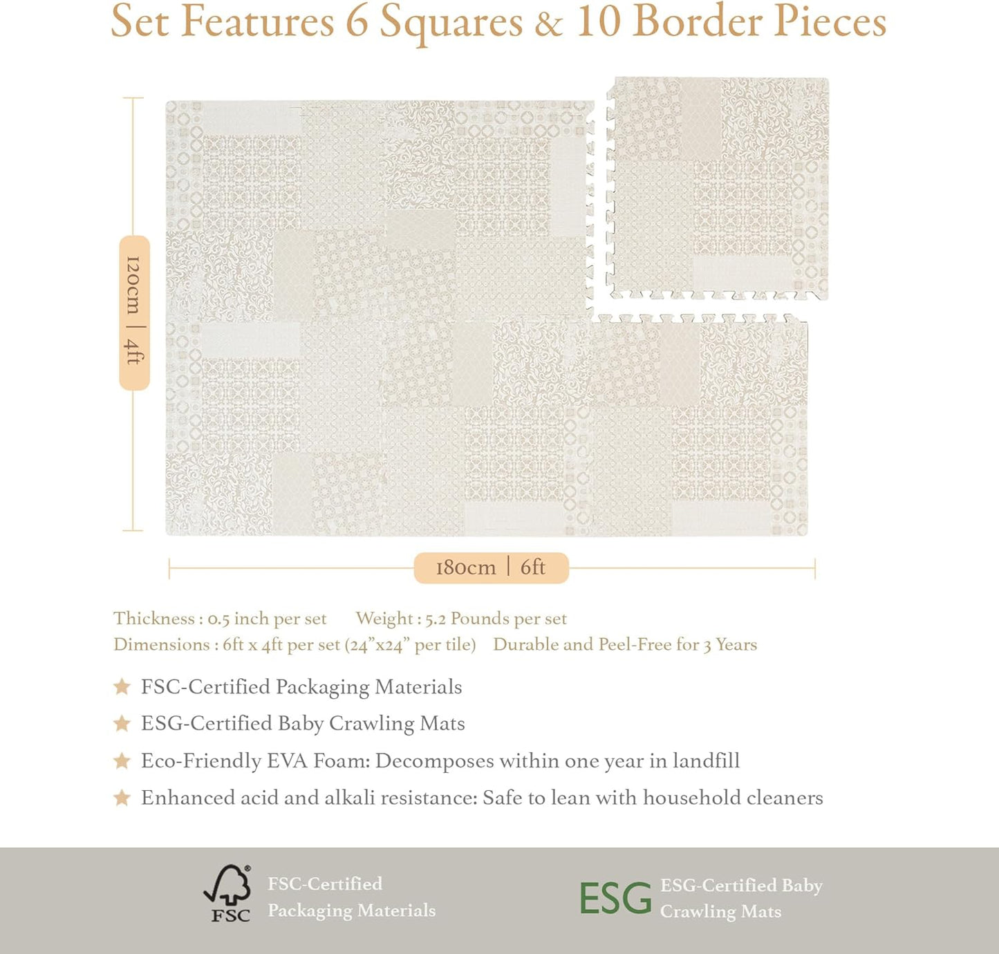 Popsykosy Premium Exercise & Baby Foam Play Mats - Stylish & Large Non-Toxic Puzzle Floor Mat - 6 Tiles - Spacious 6ft x 4ft - Peel-Resistant Reinforced Version - Soft, Thick, Waterproof -Totem Beige