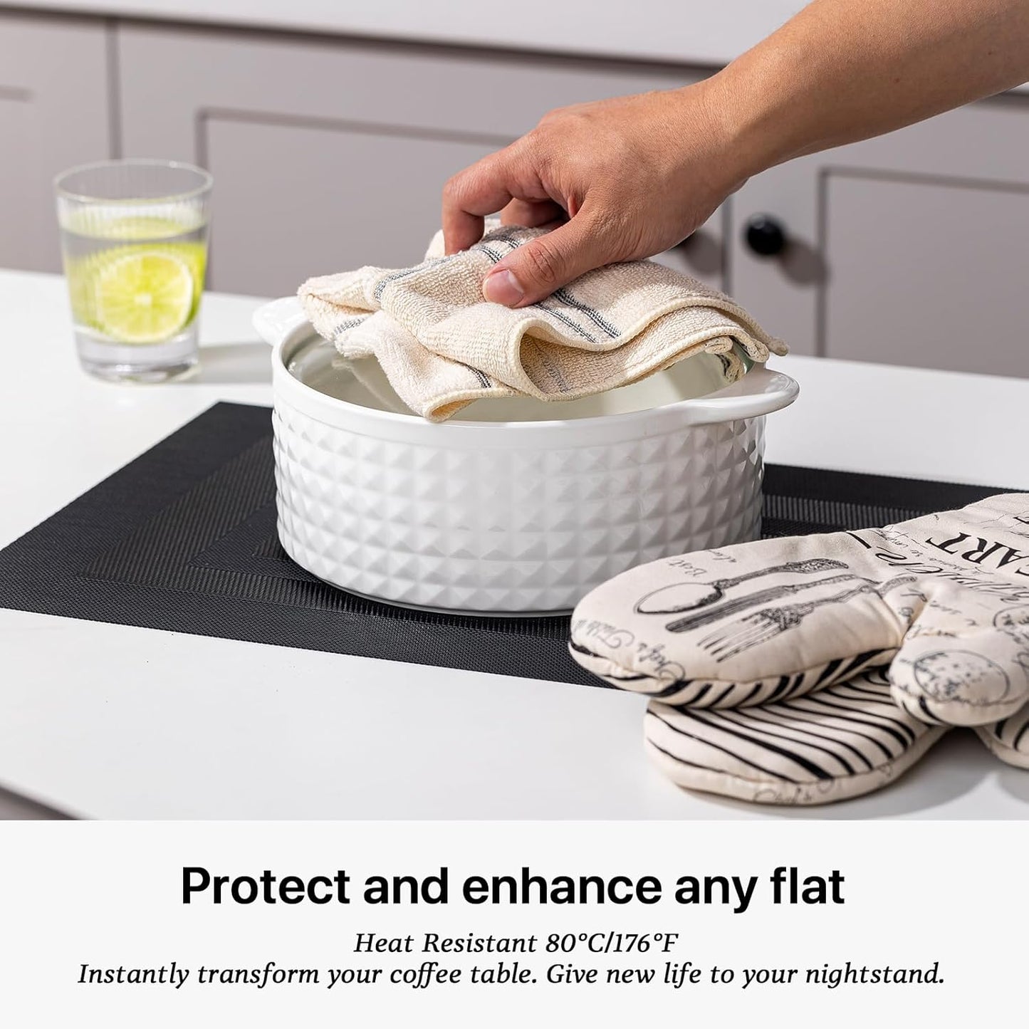 LEXMORE Placemats Set of 12 Vinyl/Plastic Woven Place Mats for Kitchen Table Indoor/Outdoor Washable Placemat Wipeable Dining Table Mats(G-Black Cube)