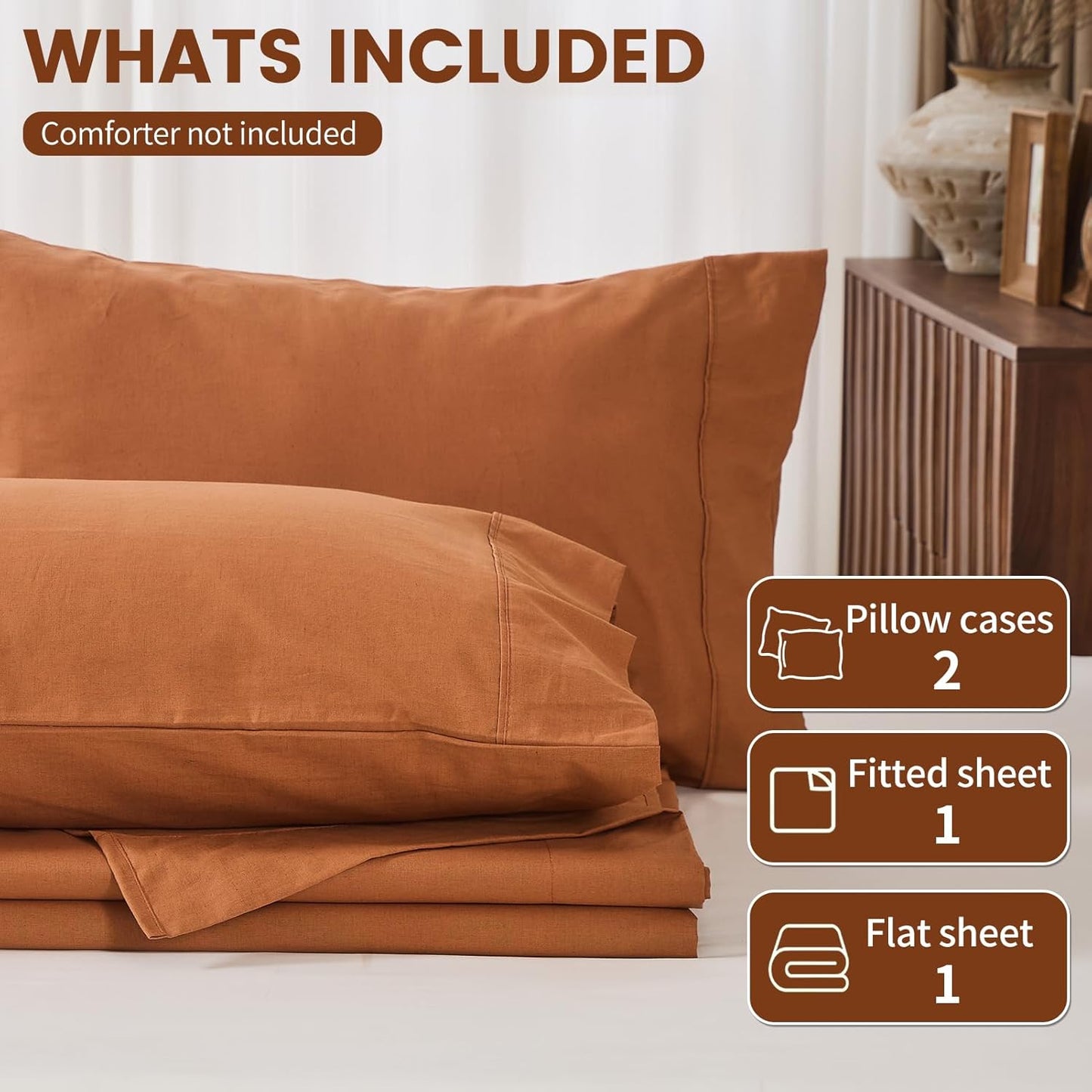 100% Linen Sheets Queen Size,Breathable & Durable 4-Piece Bed Flax Sheet Set,Soft All-Season Bedding for Hot Sleepers 16" Deep Pocket Oeko-TEX Certified,（Queen, Brown）