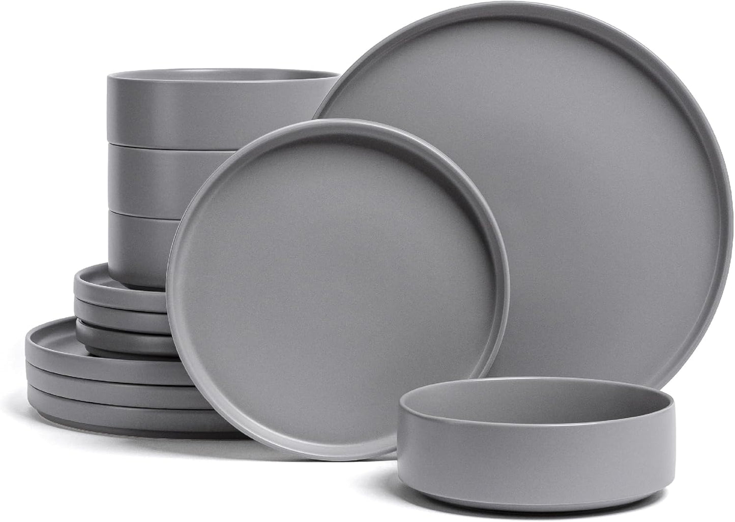 over&back 12-Piece Stackable Dinnerware Dish Set - Stoneware Dishes - Includes 4 Dinner Plates, 4 Salad Plates, 4 Cereal Bowls, and 4 Dinner Bowls - All-Occasion Place Settings - Semi-Matte Charcoal